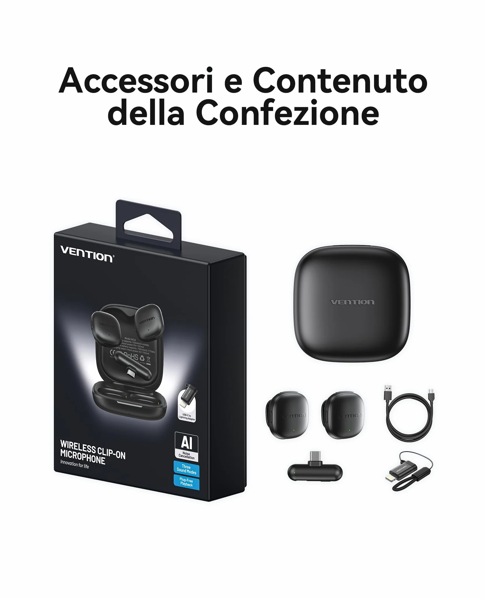 VENTION Mini Microfono Wireless per iPhone 17/16/15 Pro Max, [Plug and Play] USB-C Bluetooth Lavalier Microfono per Android,Dotato di custodia di ricarica da 24 ore per Registrazioni Video,Vlogging