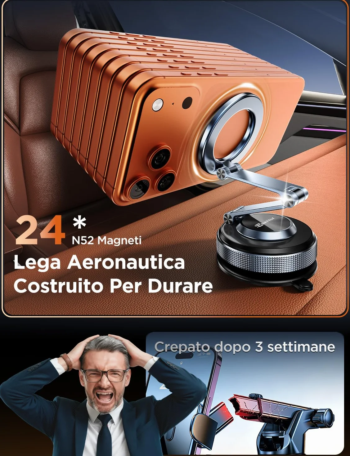 MSXTTLY Supporto Magnetico Cellulare Auto, 2026 Vmag-S3 Forte Ventosa, Rotazione 360°, Compatibile con iPhone 17–12 e Android, Nero