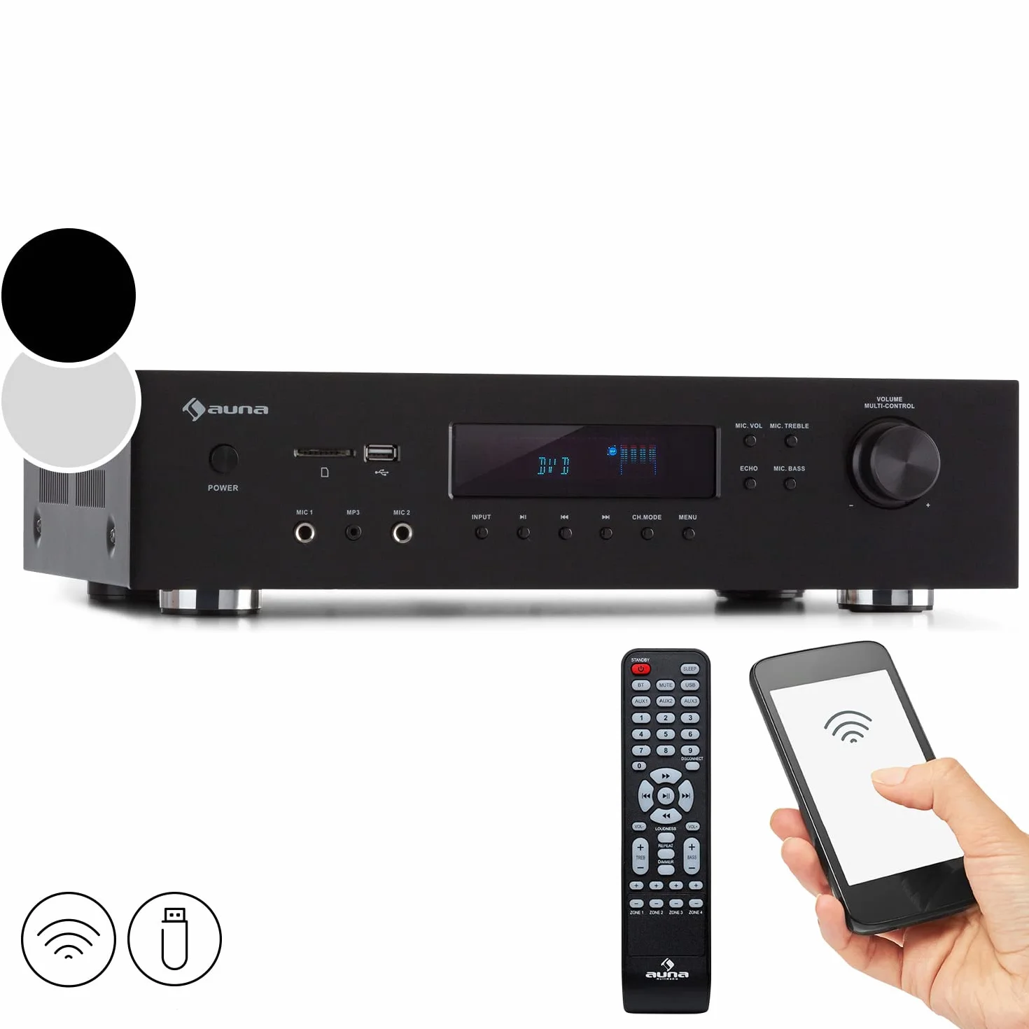 AUNA AMP-H260 5.1 - Amplificatore Receiver Equalizzatore, 2x100 Watt + 3x20 Watt RMS, Bluetooth, Porta USB, Slot SD, Digital-In Ottico & Coassiale, 2 x HDMI-In/1 x HDMI-Out, Nero