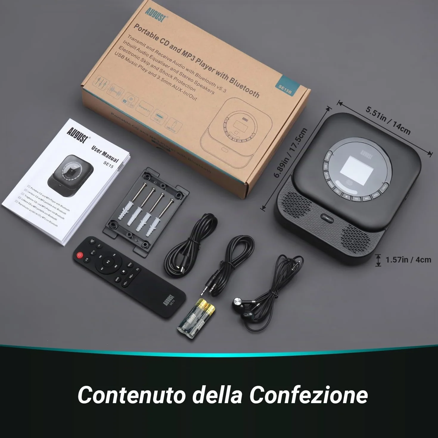 August SE15 Lettore CD Portatile Bluetooth 5.3 USB AUX 6W Batteria Ricaricabile EQ Antiurto Montaggio a Parete