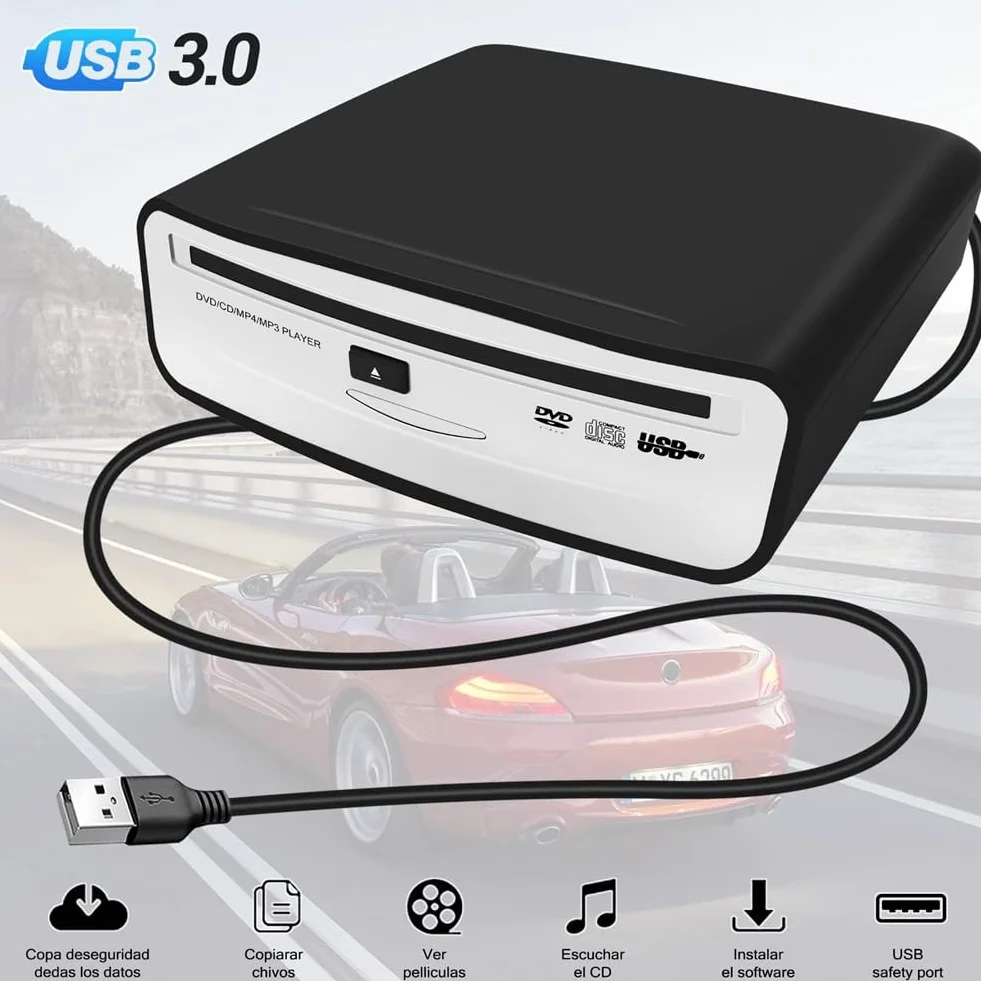 Lettore CD Esterno Universale Portatile per Auto, Può Essere Collegato Alla Presa USB in Auto, Laptop o Televisore, per Navigazione con Android 4.0 e