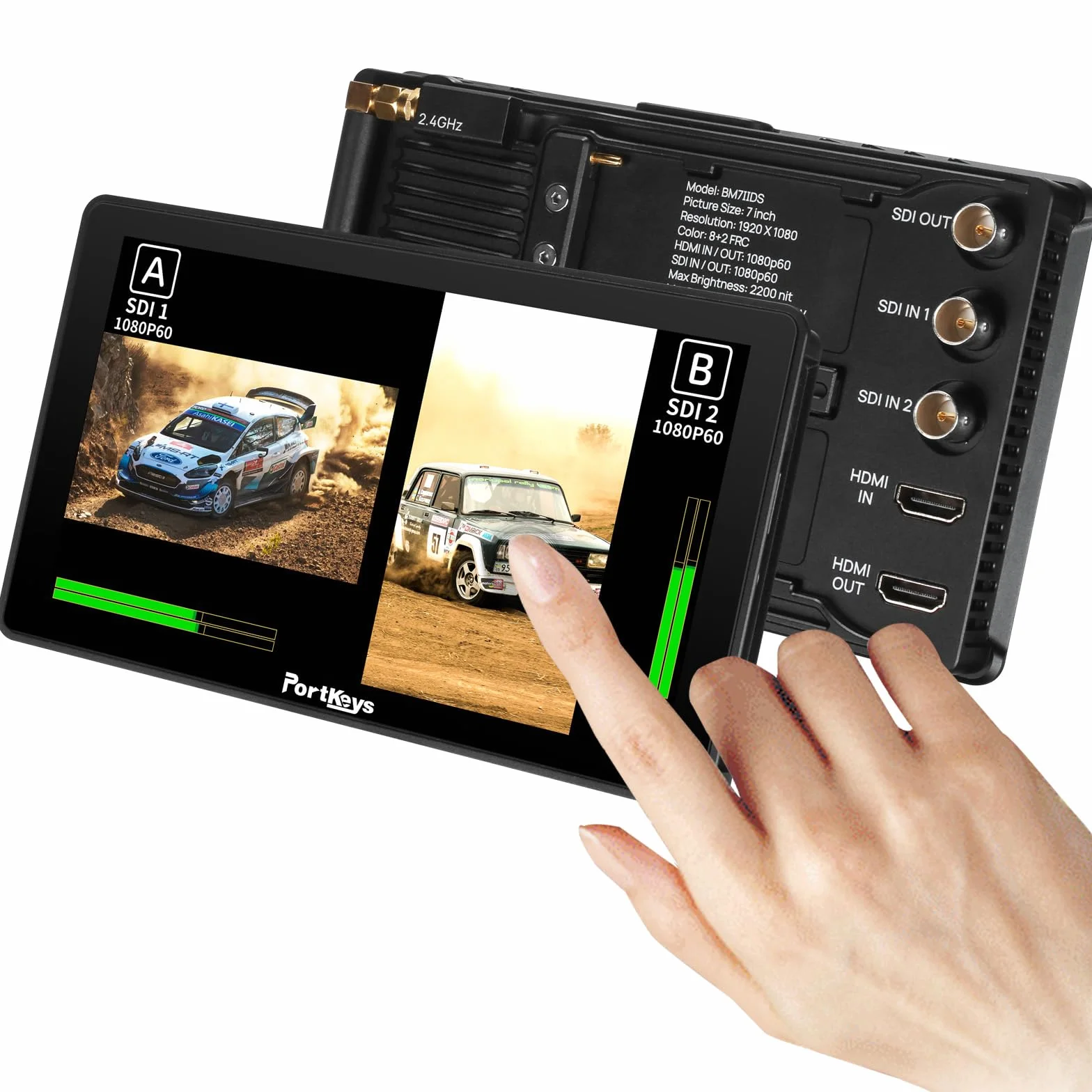 Portkeys BM7 II DS Monitor da campo 7" 2200nit On-Camera Split Screen Controllo fotocamera wireless 100% Rec.709 HDMI/SDI Compatibile con RED Komodo/V-RAPTOR, BMPCC 4K/6K, S0NY FX3/A7 IV