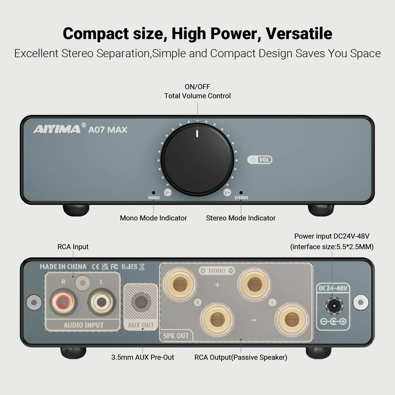 Amplificatore Hi-Fi AIYIMA A07 MAX 2 CH 300 Wx2 TPA3255 mini amplificatore di potenza in classe D Amplificatore desktop mono stereo collegabile a ponte 600 Watt con uscita da 3,5 mm