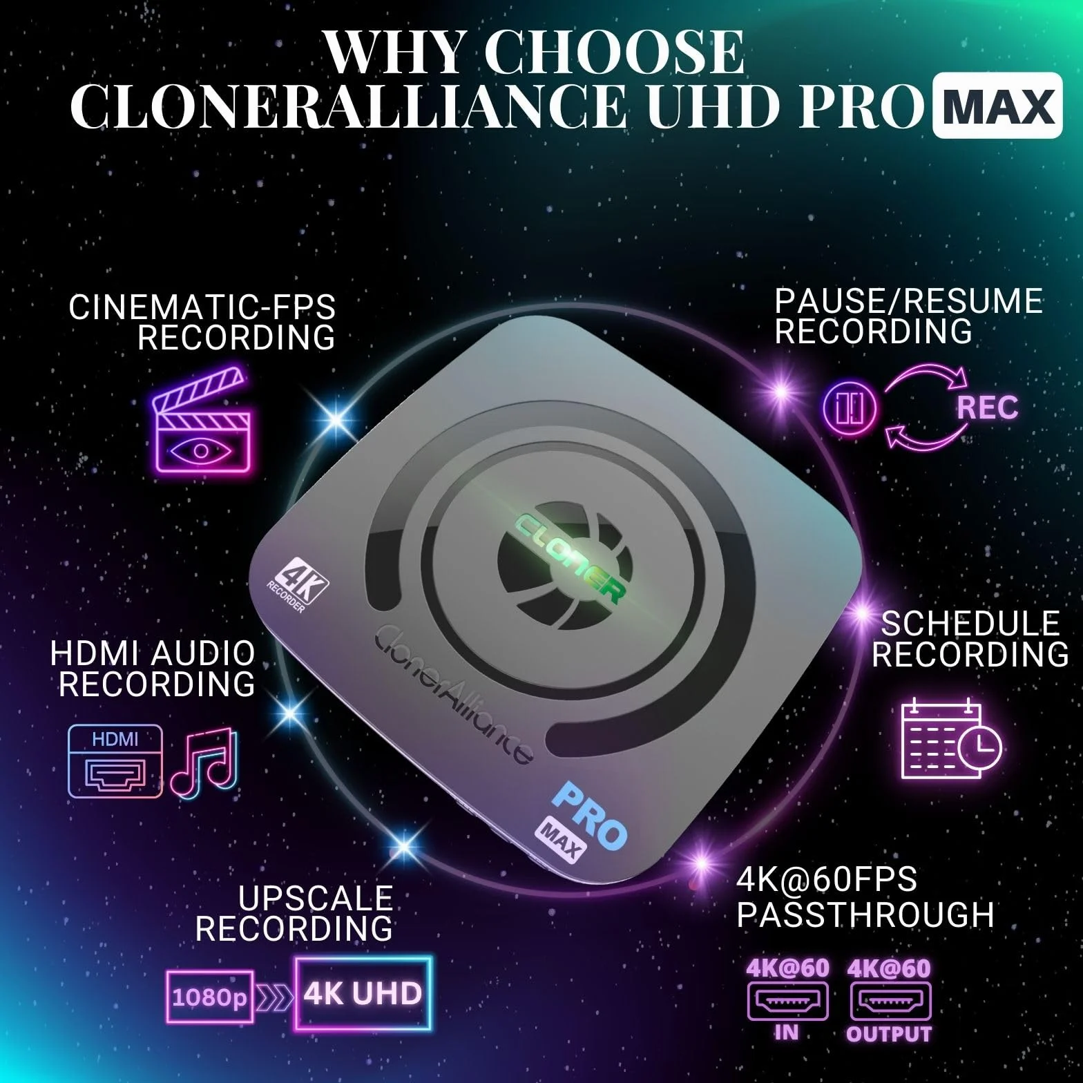 ClonerAlliance Videoregistratore UHD Pro Max 4K@24fps H.265/H.264 HDMI Capture DVR