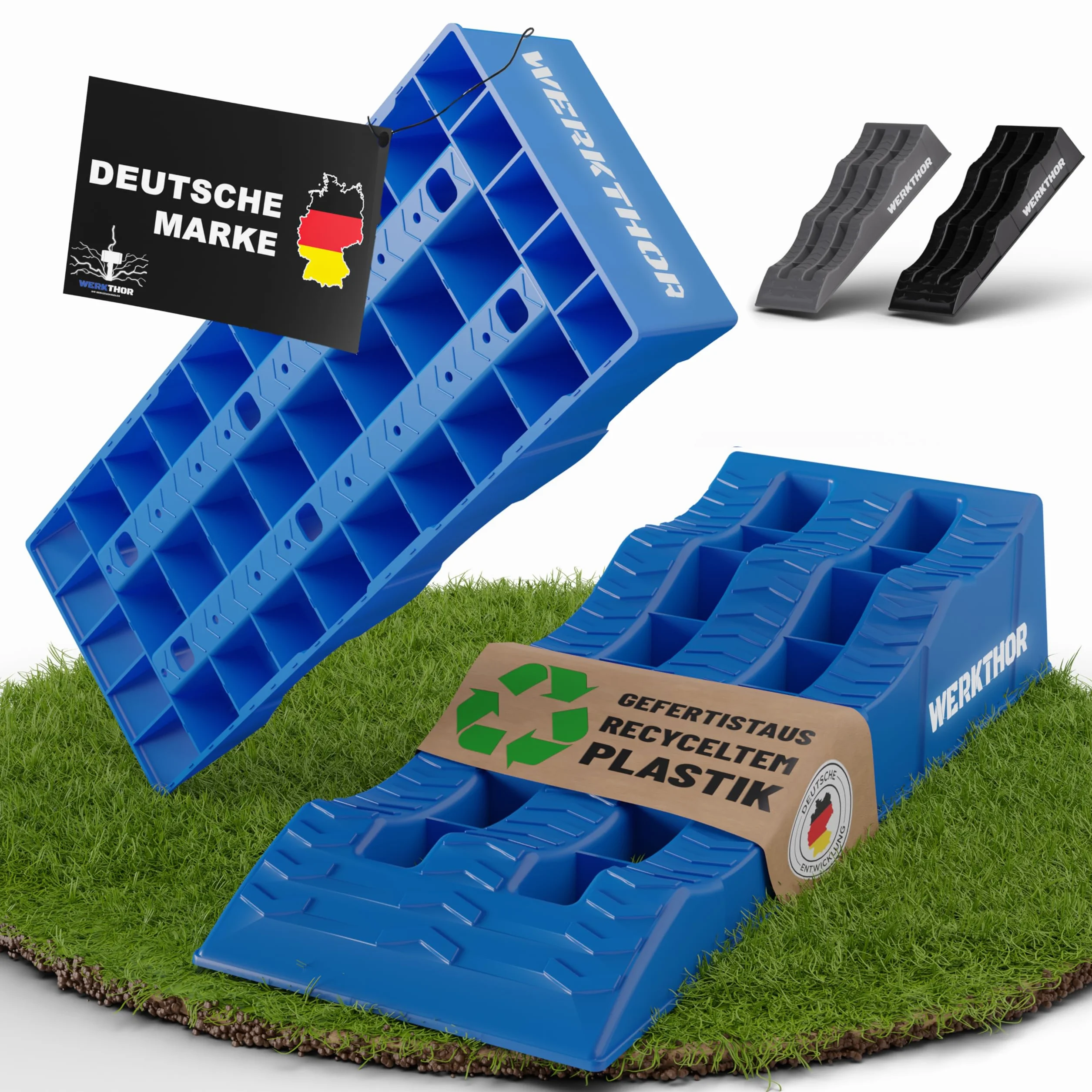 WERKTHOR Cunei per Camper (Blu) - [Set di 2] Cunei Stabili per Caravan e Camper | Cunei per Camper per un Livellamento Sicuro [<3t] - Design Robusto per Qualsiasi Superficie