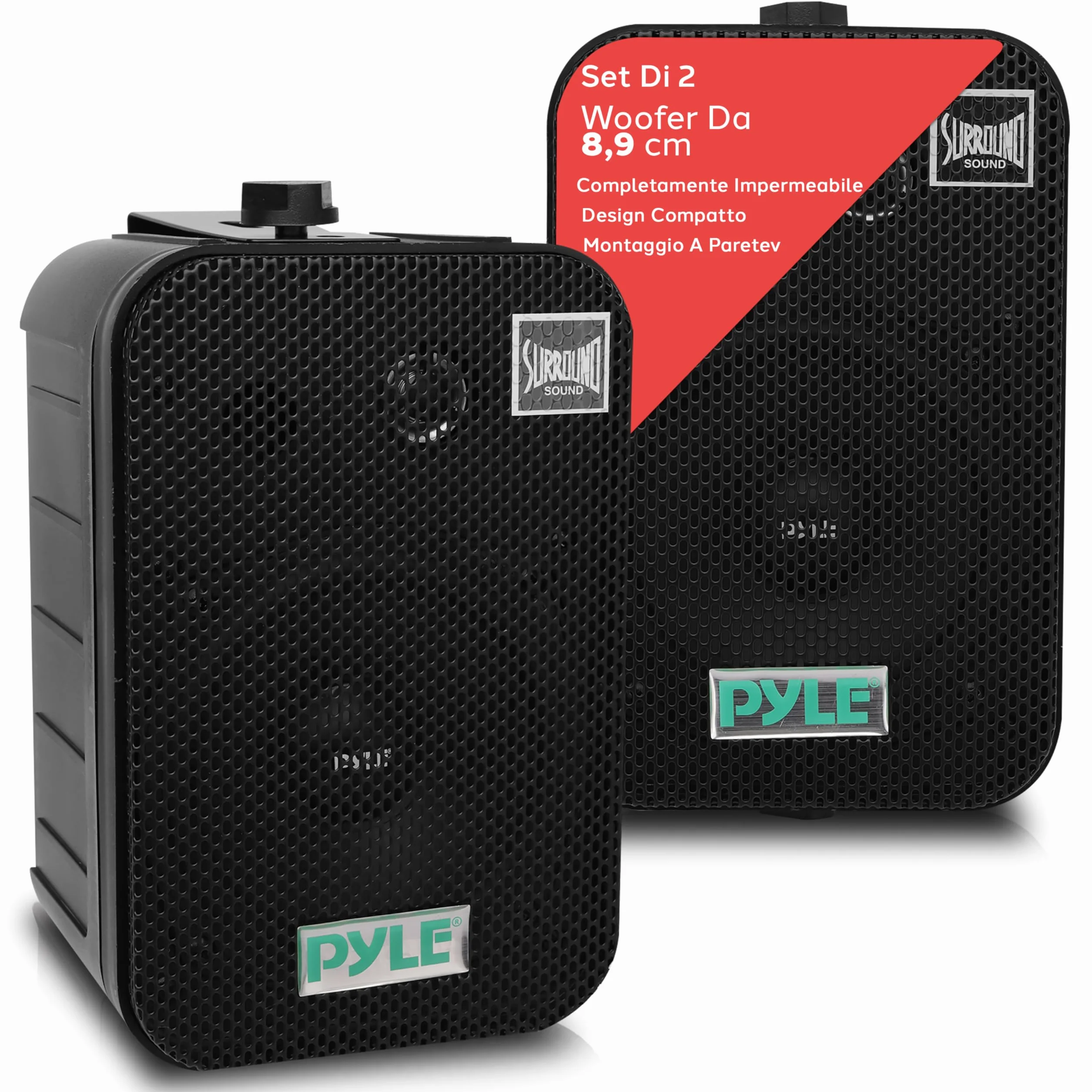 Pyle Sistema Altoparlanti Esterni con Cassa Audio Cablata, Coppia, Speaker Grado Marino 2 Vie 300 Watt Max, Woofer 8.9 Centimetri e Tweeter 2.5 Centimetri, Montaggio Universale per Parete o Soffitto