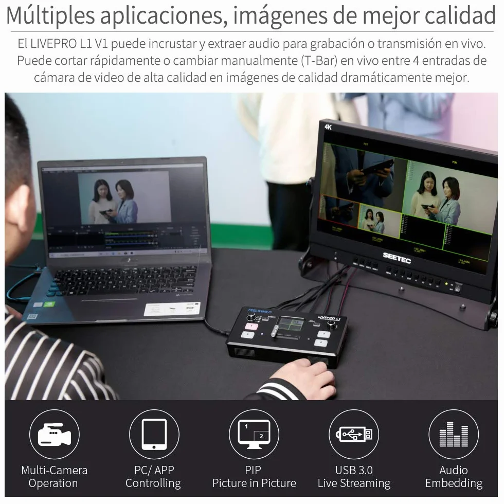FEELWORLD LIVEPRO L1 V1 Mixer Video Multiformato Switcher 2 Pollici LCD 4 Ingressi HDMI USB 3.0 Streaming Live
