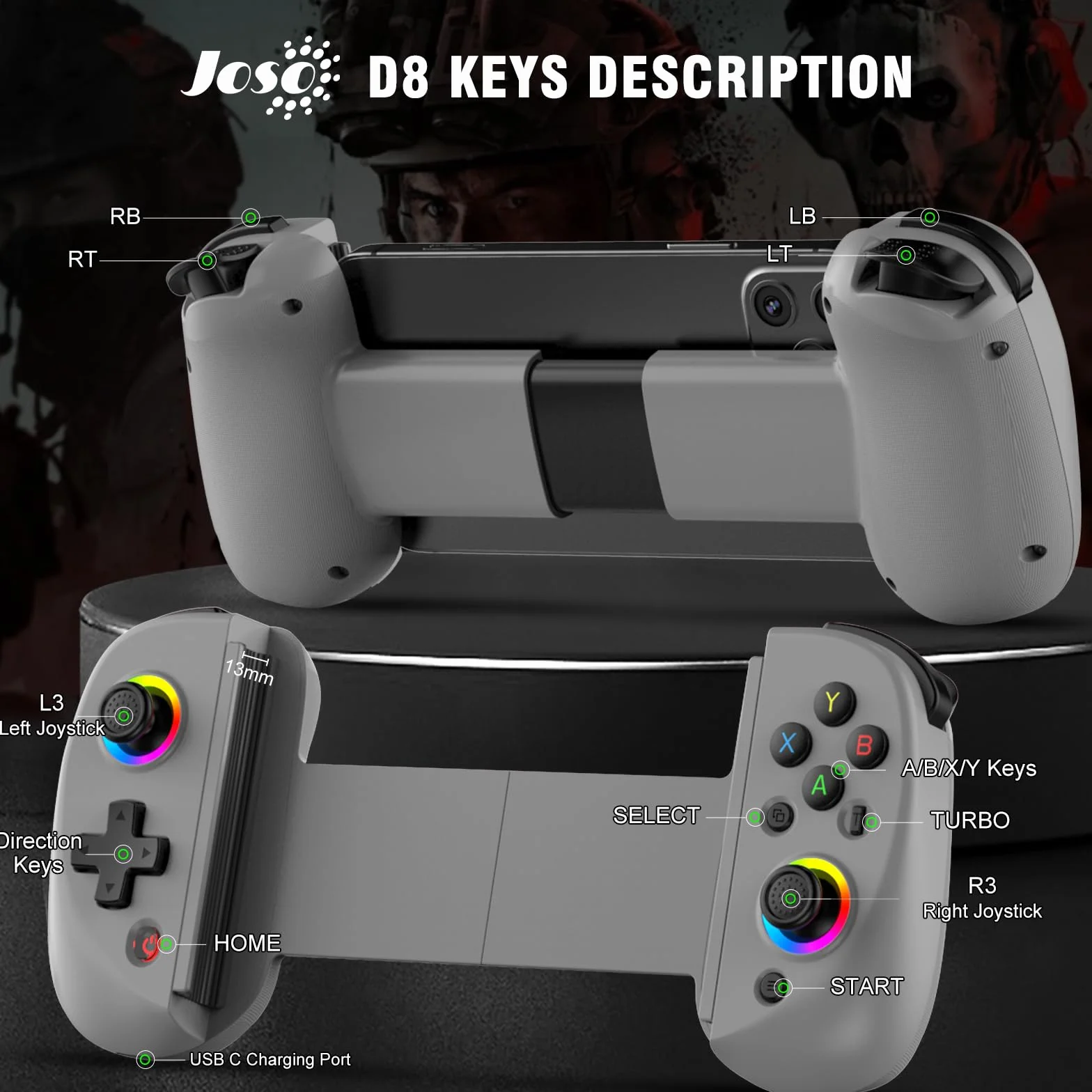 Joso Controller telefonico per iPhone/iPad/Android/Tablet, Controller D8 per Switch/PS/PC con joystick ad effetto Hall Riproduci COD, Genshin Impact, Supporto controller Android Cloud Gaming/Riproduz