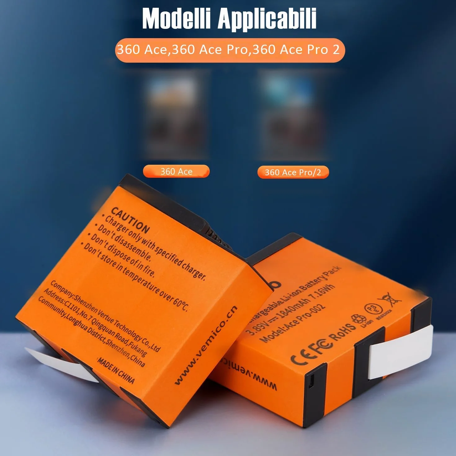 Vemico 360 Ace Pro 2 batterie di ricambio 2 x 1840 mAh Dual Tipo-C Canale caricatore LED con interfaccia di ricarica micro USB per fotocamera / 360 Ace Pro 2/360 Ace / 360 Ace Pro