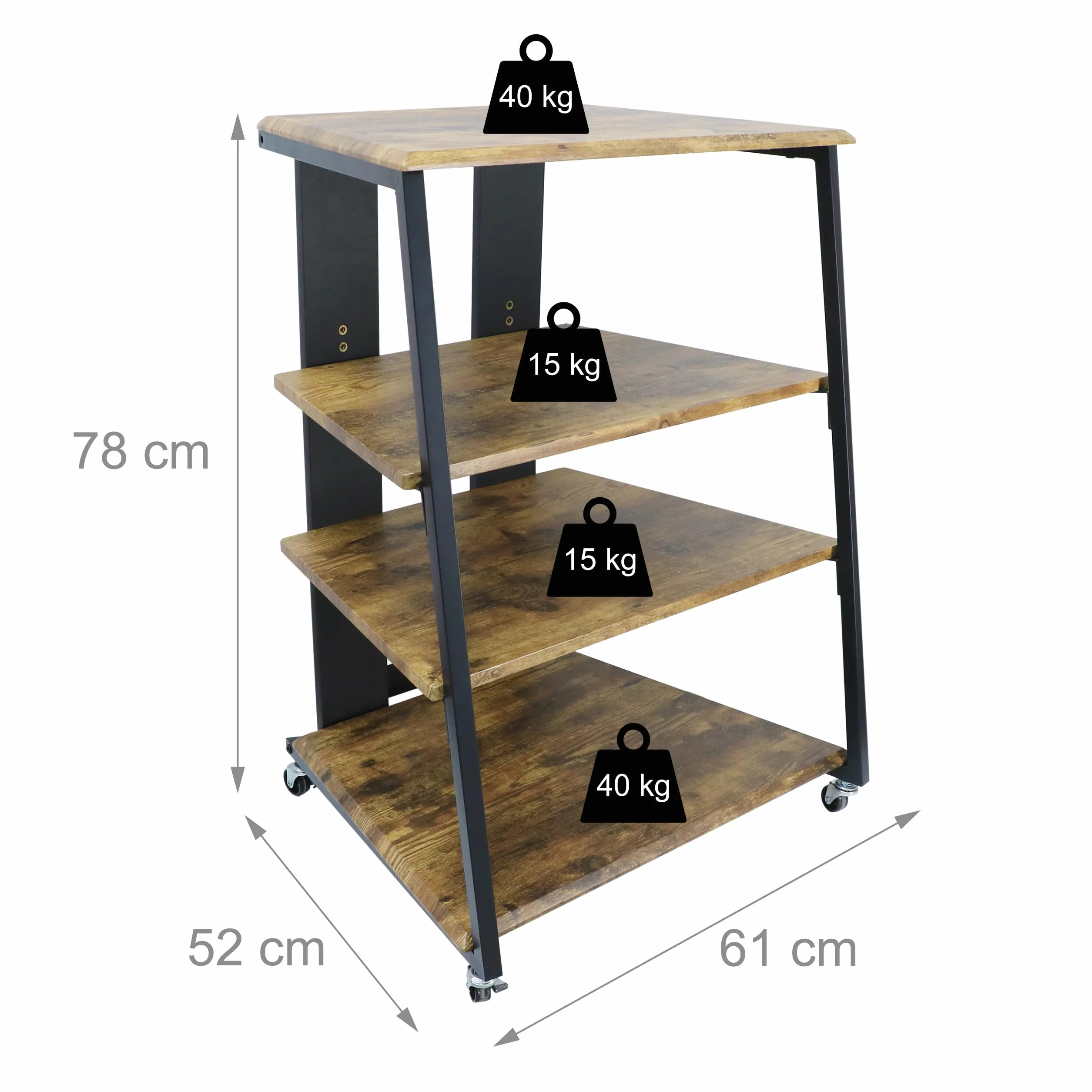 Relaxdays HiFi Rack, 4 Ripiani per Giradischi, in Ferro e MDF, 78x61x52 cm, multimediale Industriale, Marrone/Nero