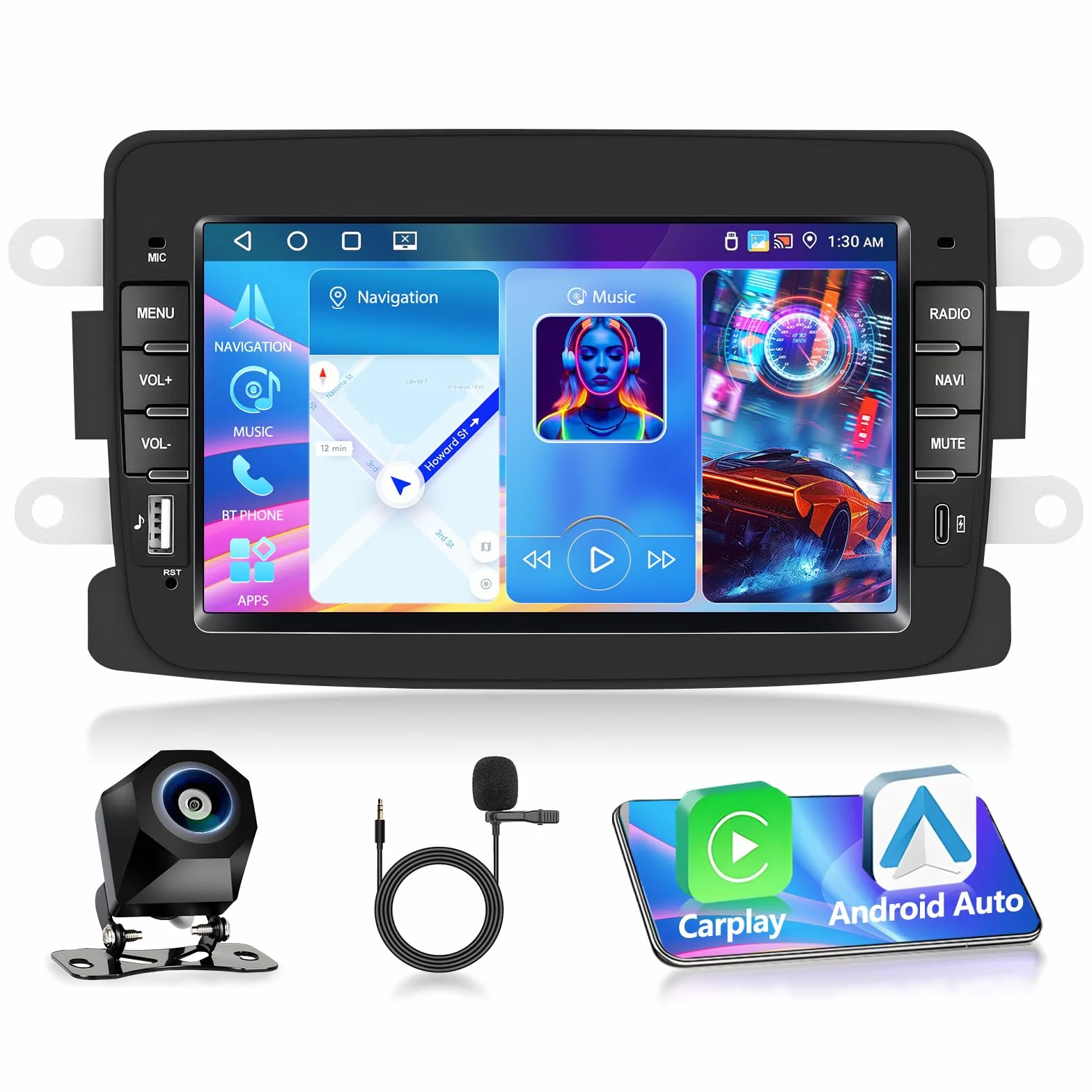 Autoradio 4+64G Android 15 per Dacia Logon Duster Captur Sandero Symbol Lodgy LadaXray, 1 DIN 7'' Stereo Radio Bluetooth 5.0 IOS Carplay Android Auto Radio EQ GPS WiFi Supporto DAB