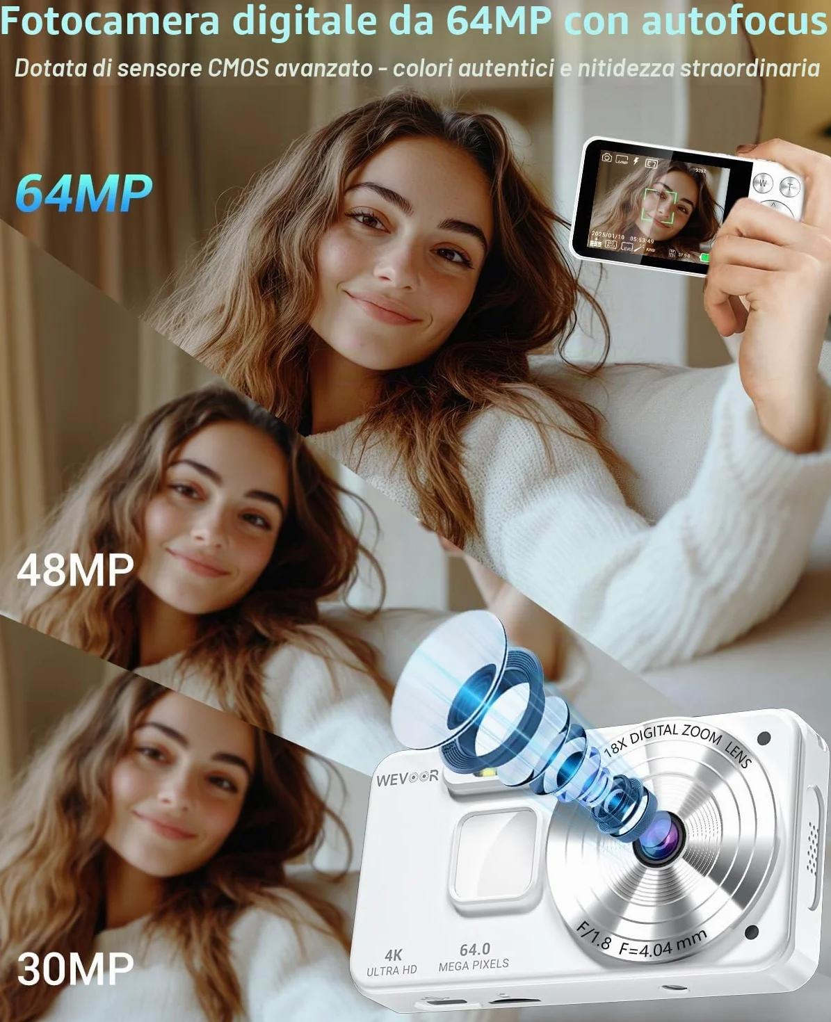 Macchina Fotografica Digitale 4K 64MP, Wevoor 64GB Fotocamera Digitale con 2,8” Schermo, Zoom Digitale 18x, 2000mAh Fotocamera Compatta, Digital Camera per Principianti Bambini Adolescenti - Bianco