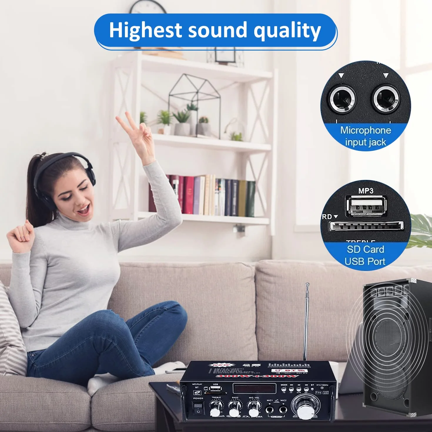Amplificatore Audio HiFi 600W Stereo Bluetooth 5.0 12V 220V 2 Canali Display LCD Radio FM Portatile
