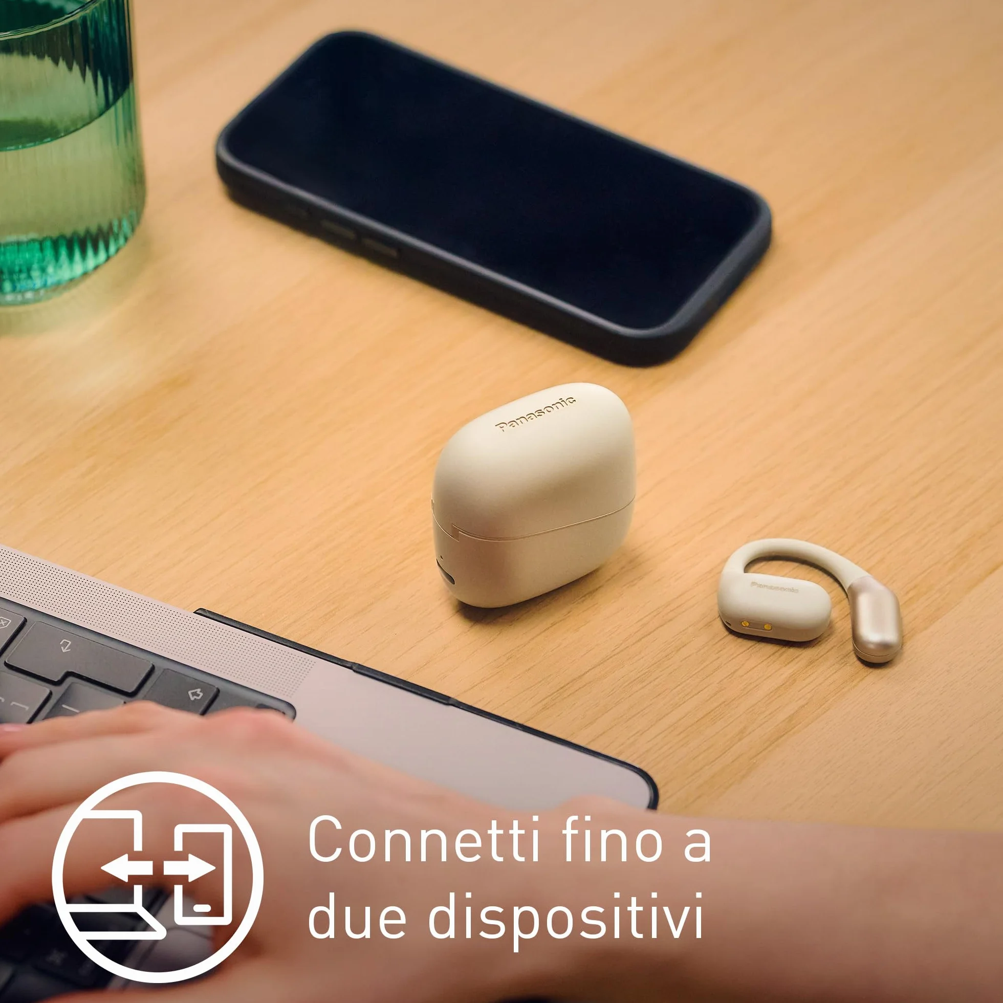Panasonic RB-F10DE-C Cuffie Wireless Open-Ear, Auricolari wireless Sport Bluetooth con Microfono ENC, 25H di Autonomia, Bluetooth 5.4, IPX4, Controlli Touch, Beige