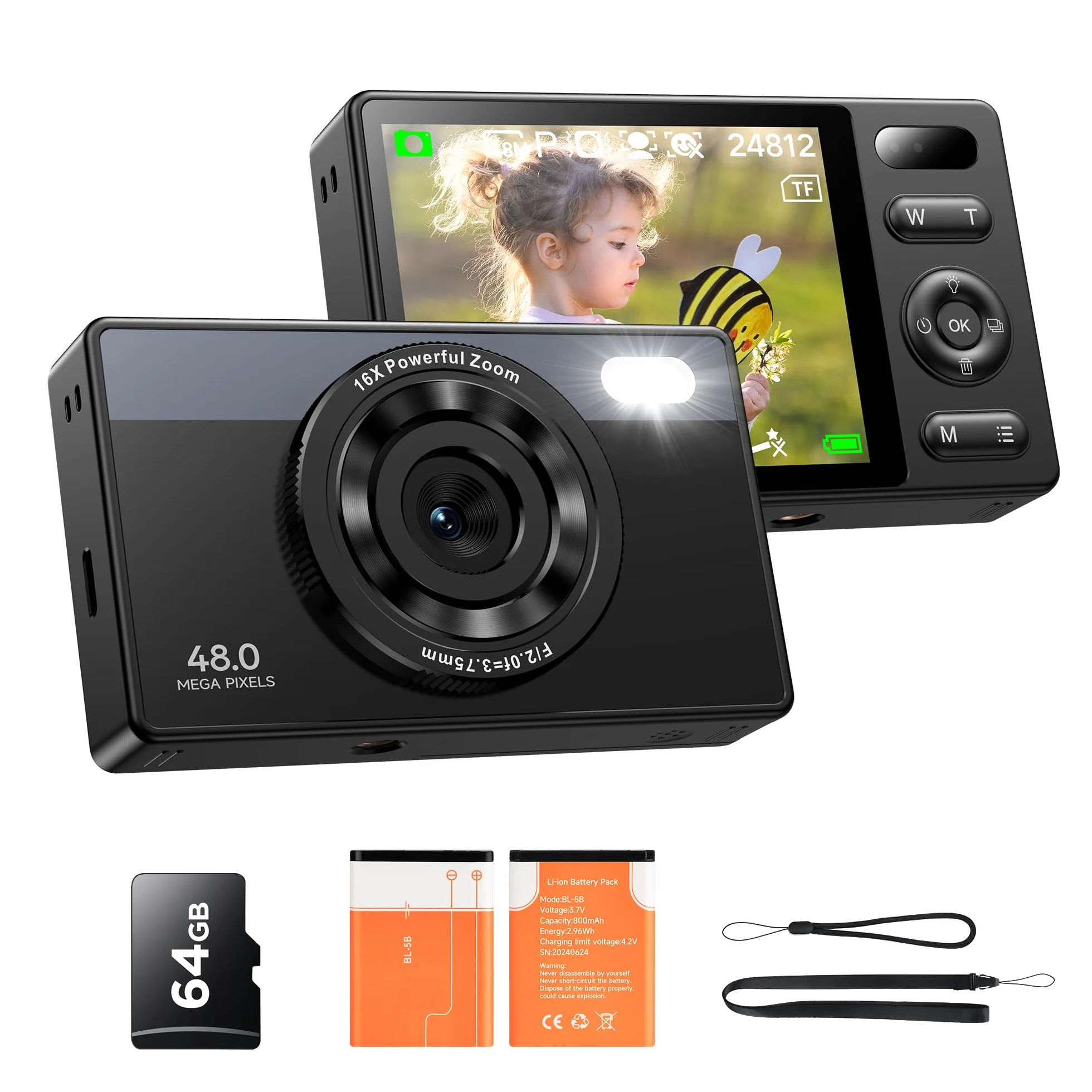 Fotocamera Digitale Bambini Compatta 64GB: 48MP Fotografica Anti-Shake Fotocamera Vlogging per YouTube 16X Digital Zoom Photo Filtrazione Ripresa Continuo Automessa a Fuoco Fotocamera