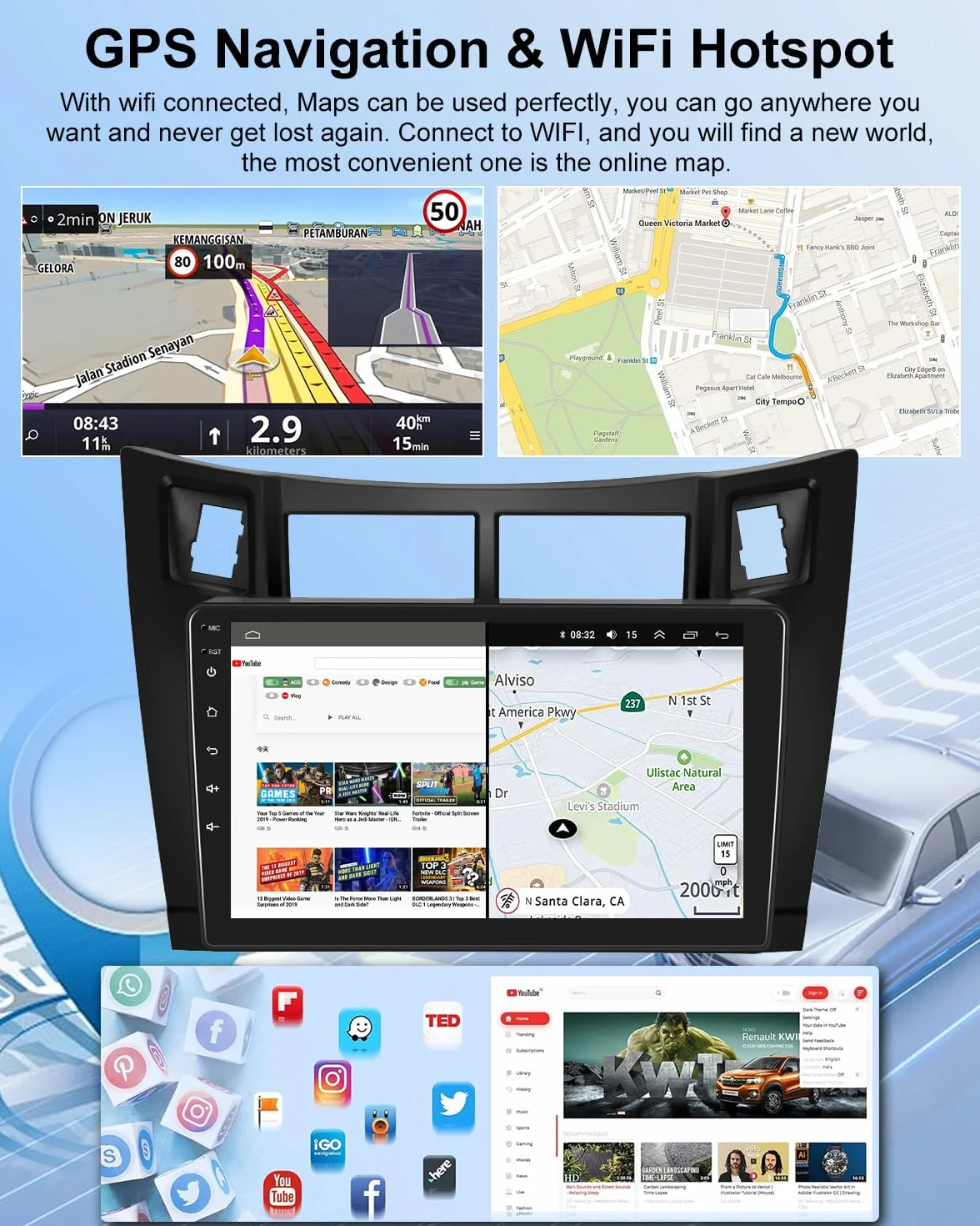 NHOPEEW 2G+64G Android Autoradio per Toyota Yaris 2005-2011 - Senza fili Carplay e Android Auto - 9 pollici Stereo con WiFi GPS FM RDS + Telecamera posteriore&Mic