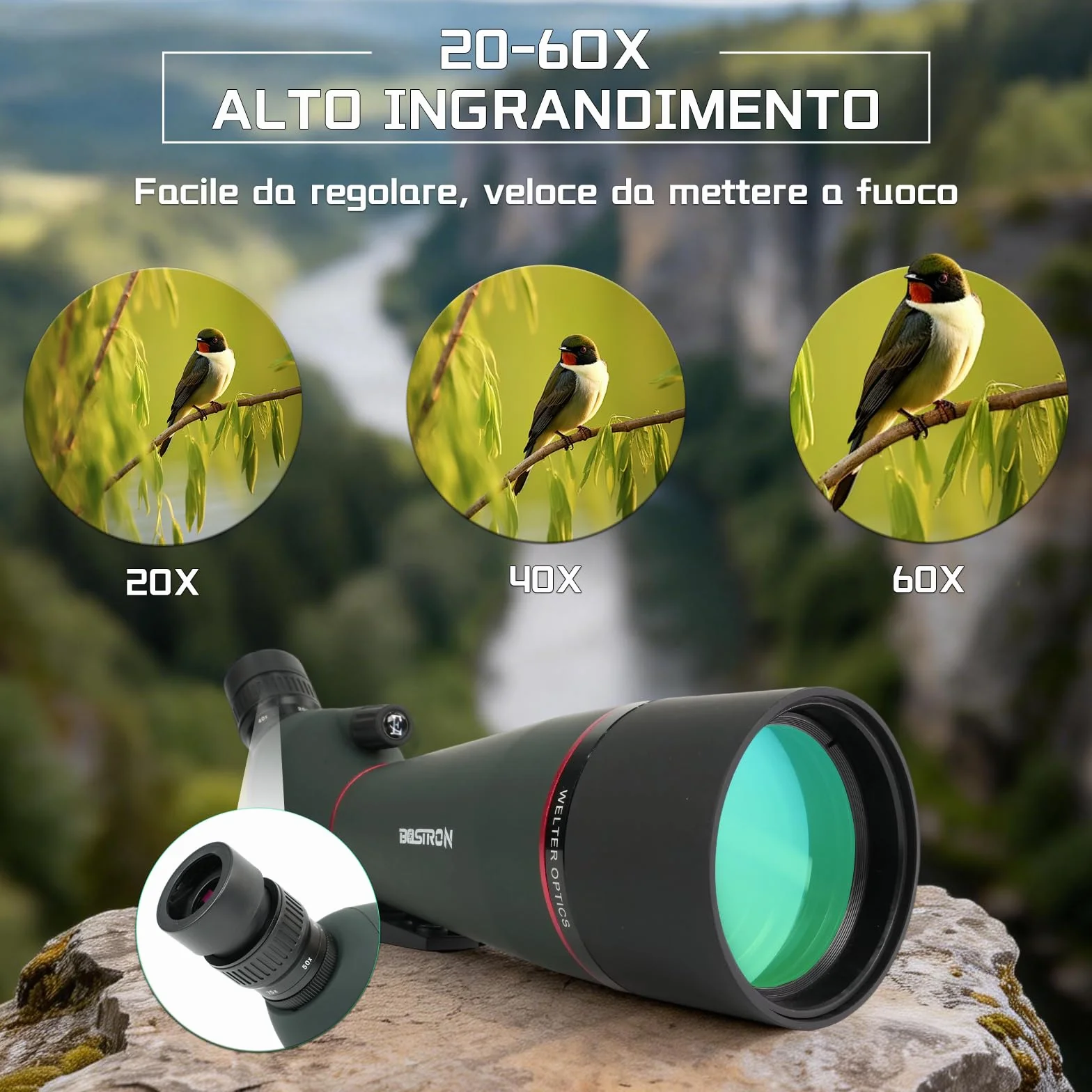 Cannocchiale con Treppiede, 20-60x80 Telescopio Spotting Scope - FMC Cannocchiale Professionale con Treppiedi con Smartphone Adapter per Caccia, Tiro a Segno, Birdwatching
