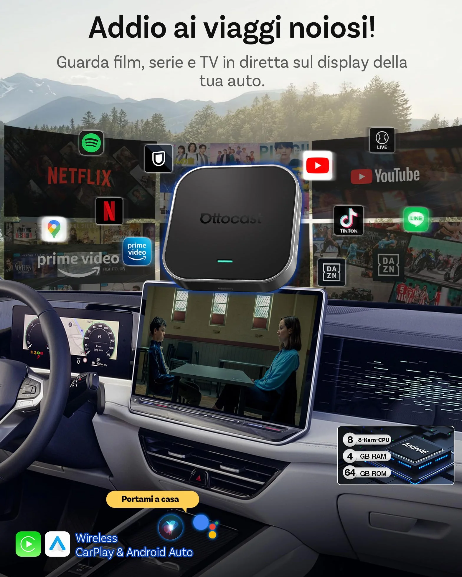 OTTOCAST OttoAibox E2 2026 AI Box, 3-in-1 CarPlay e Android Auto Wireless Android 13 Streaming Box, Adattatore CarPlay Wireless Dual WiFi, Schermo Diviso, Bluetooth 5.0, Aggiornamento FOTA