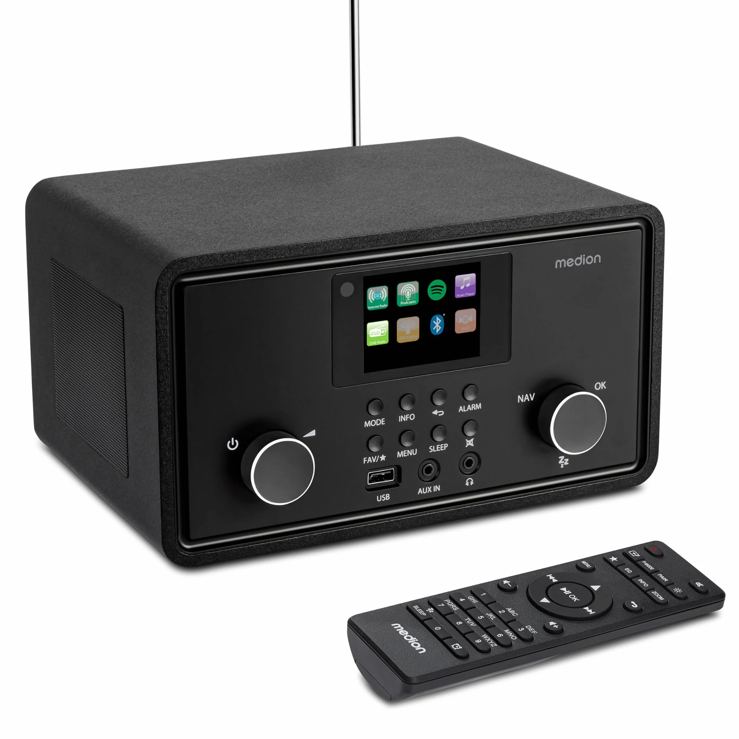 MEDION P85027 Internet radio DAB Plus FM Spotify Connect WLAN Bluetooth streaming equalizzatore display a colori USB AUX sveglia snooze sleep timer nero