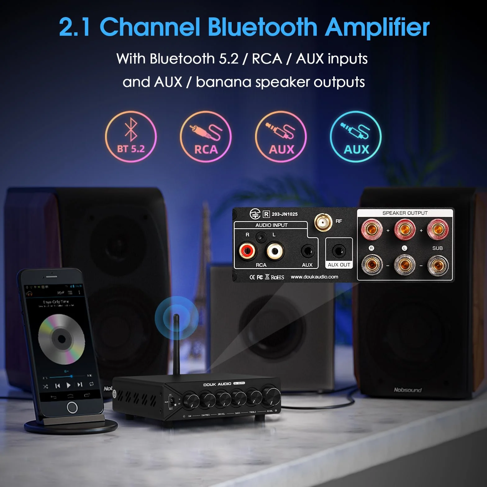 DoukAudio - Amplificatore a 2.1 con Bluetooth: Dual chip TPA3255, aptX-HD, subwoofer da 300 W e alimentatore da 48 V per audiofili (NS-14G Pro)