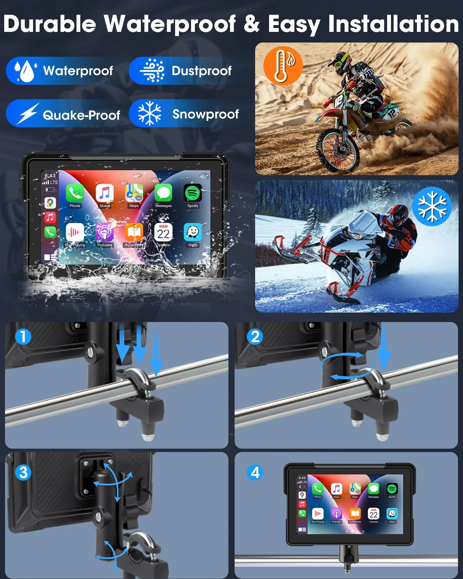 7 Pollici Carplay Moto e Android Auto Navigatore Moto Portatile Senza Fili con Motociclette Navigazione, Supporto Siri/G-oogle Assistant, Bluetooth, IP67 Impermeabile per il Viaggio Pendolare