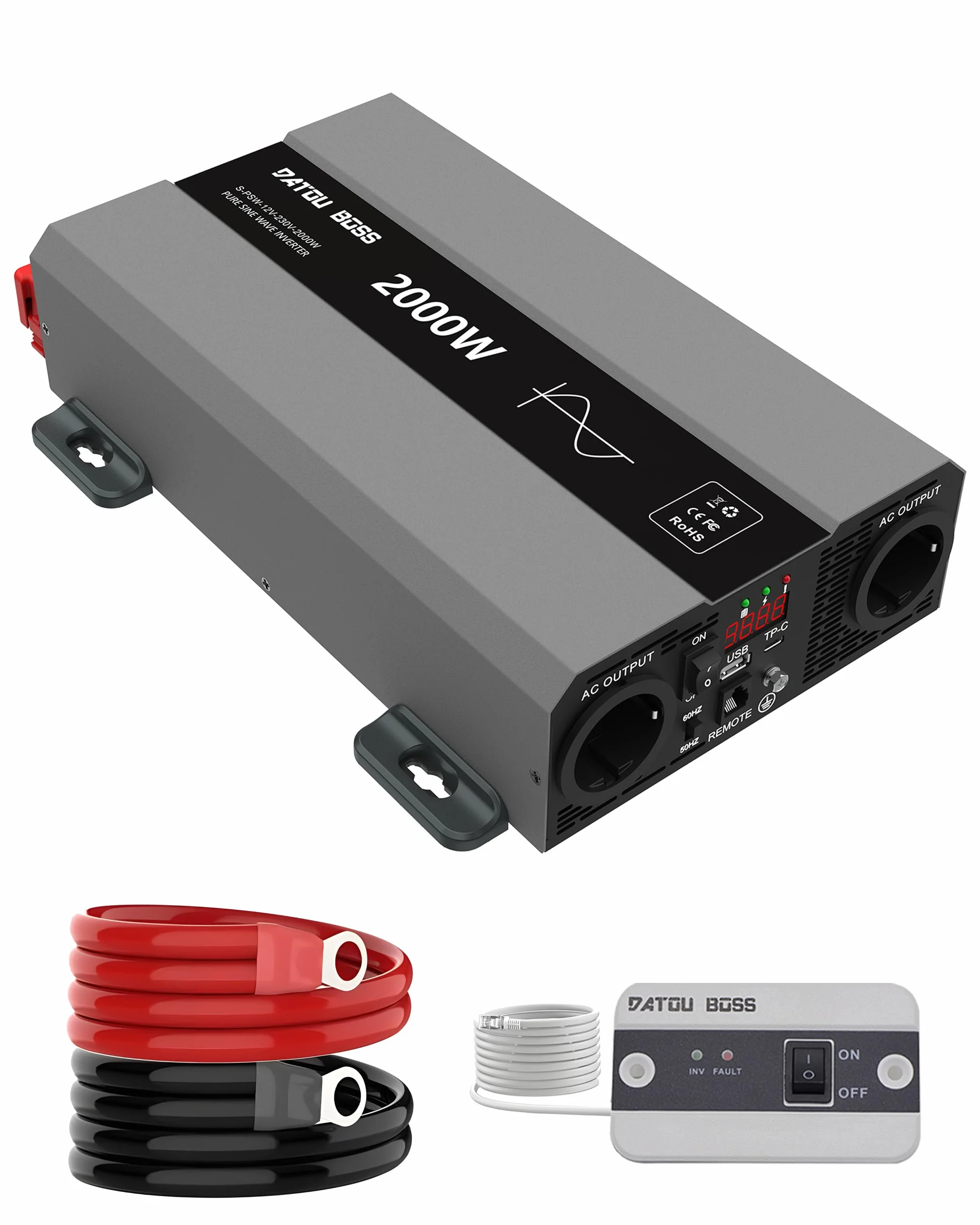 DATOUBOSS Inverter 12v 220v/230v Onda Pura 2000w, Inverter Onda Pura 2000w, Convertitore 12v 220v, Con Presa AC e Porta USB 3A Per Casa, Camper, Camion (SAK-12v2000w)