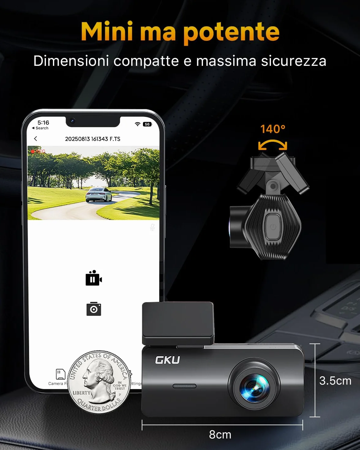 GKU Dash Cam Auto 4K,Dash Cam con UHD 2160P,DashCam Auto con WiFi integrato,Scheda SD 64G,24H Parking Monitor DashCam,Super Visione Notturna,170°Grandangolo,WDR,G-Sensor,Registrazione in Loop,Max 256G