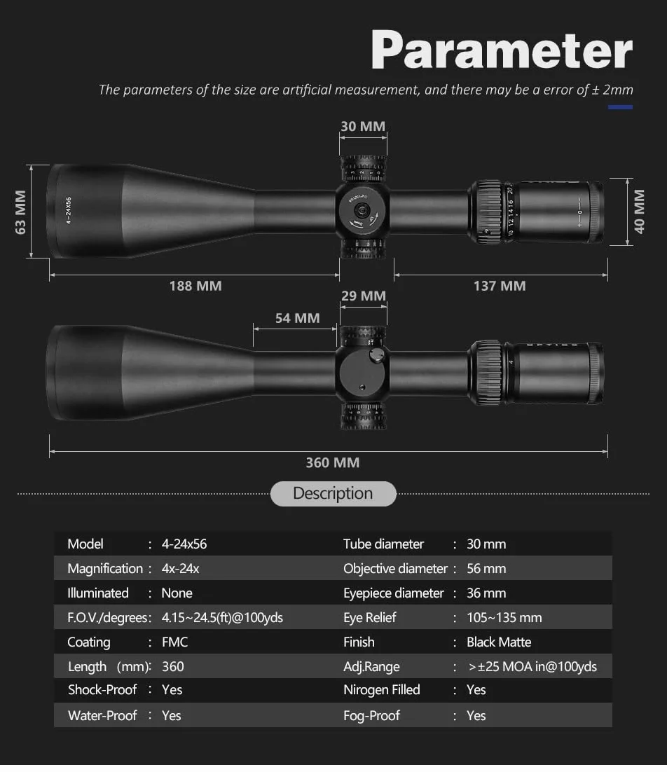 SPINA OPTICS 4-24X56 SF Mire ottiche da caccia Reticolo in vetro con torrette laterali di parallasse Ripristino Tubo da 30 mm Riflescope