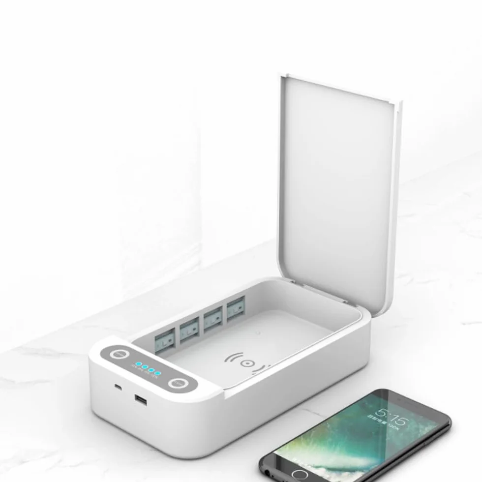 Scatola disinfettante UV per telefono con caricabatterie wireless, uccide batteri e virus, porta di ricarica USB, per maschere telefoniche e gioielli