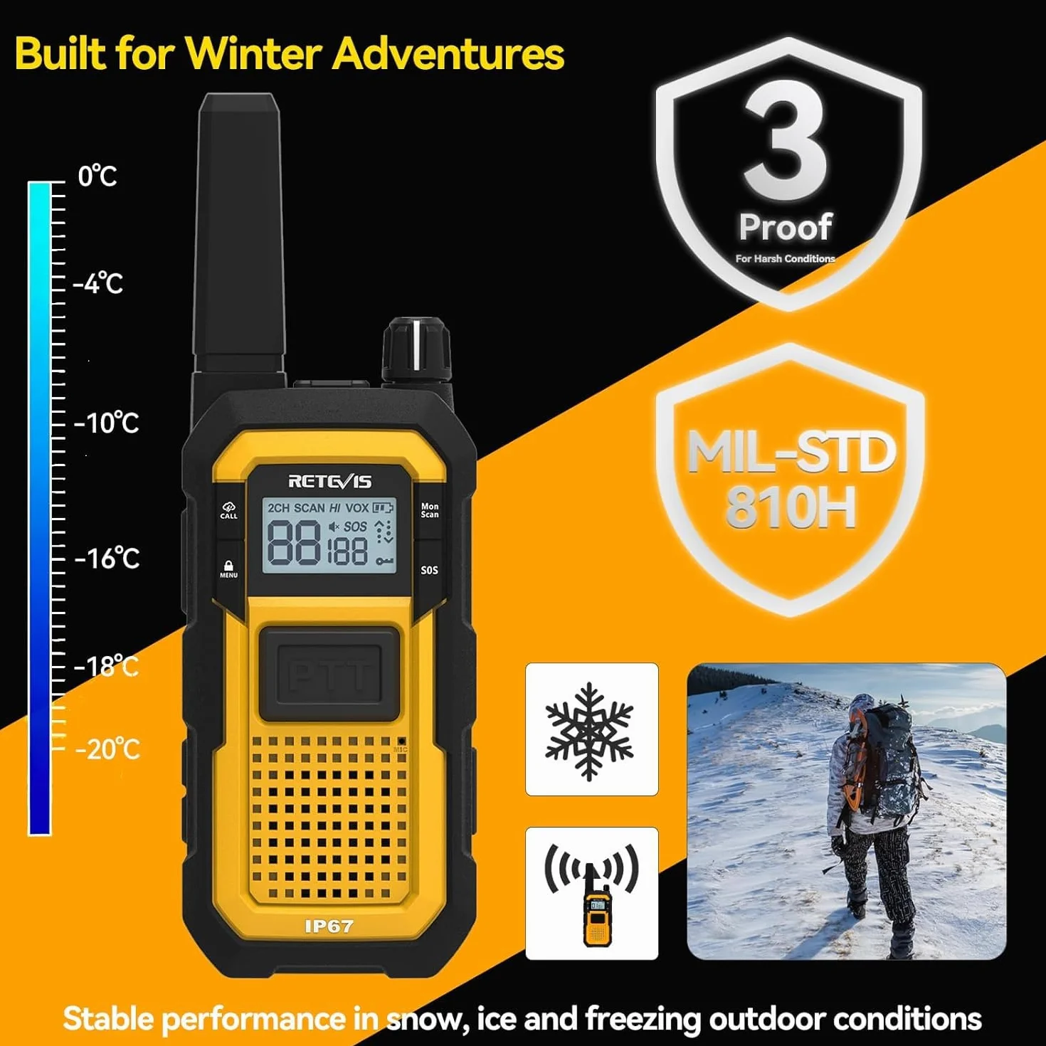 Retevis RB648 Walkie Talkie, Radio Bidirezionale Impermeabile IP67,walkie talkie professionali Anticaduta, Antipolvere, Tripla Prova Avanzata,Adatto per edifici Industriali (2 Pezzi, Giallo)