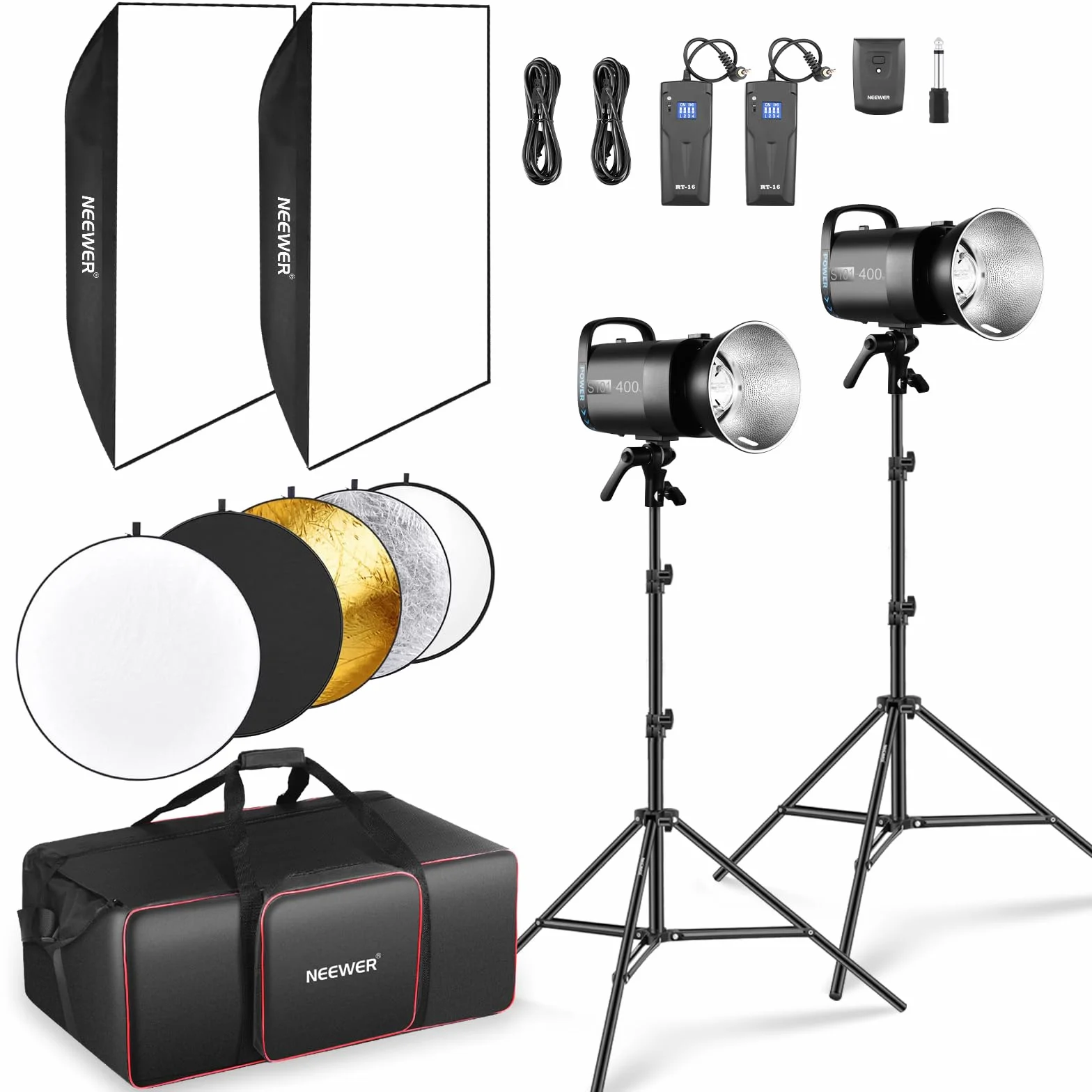 NEEWER Kit Flash Monoluce da Studio 800W (2pz), Luce Strobo S101-400W 5600K con Lampada Pilota 150W/Attacco Bowens/Softbox/Stativo/Riflettore/Trigger RT-16/Borsa per la Fotografia di Prodotti Ritratti