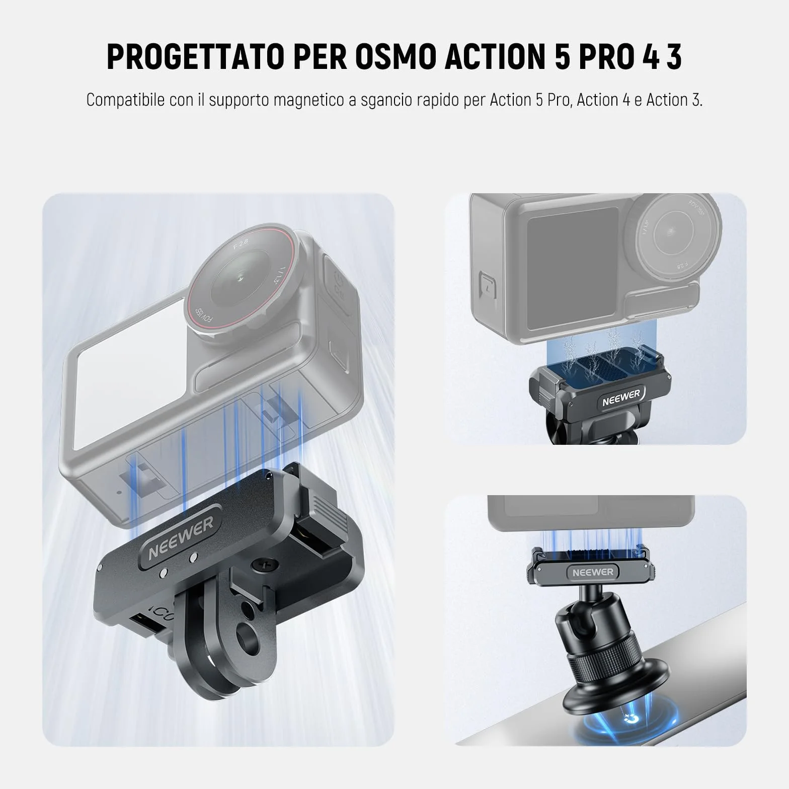 NEEWER Kit di Accessori Action Camera Compatibile con DJI Osmo Action 5 Pro/4/3, Attacco Cold Shoe, Supporto Magnetico a Sgancio Rapido e Adattatore a Testa Sfera, AC011+AC012+AC013, Grigio Scuro