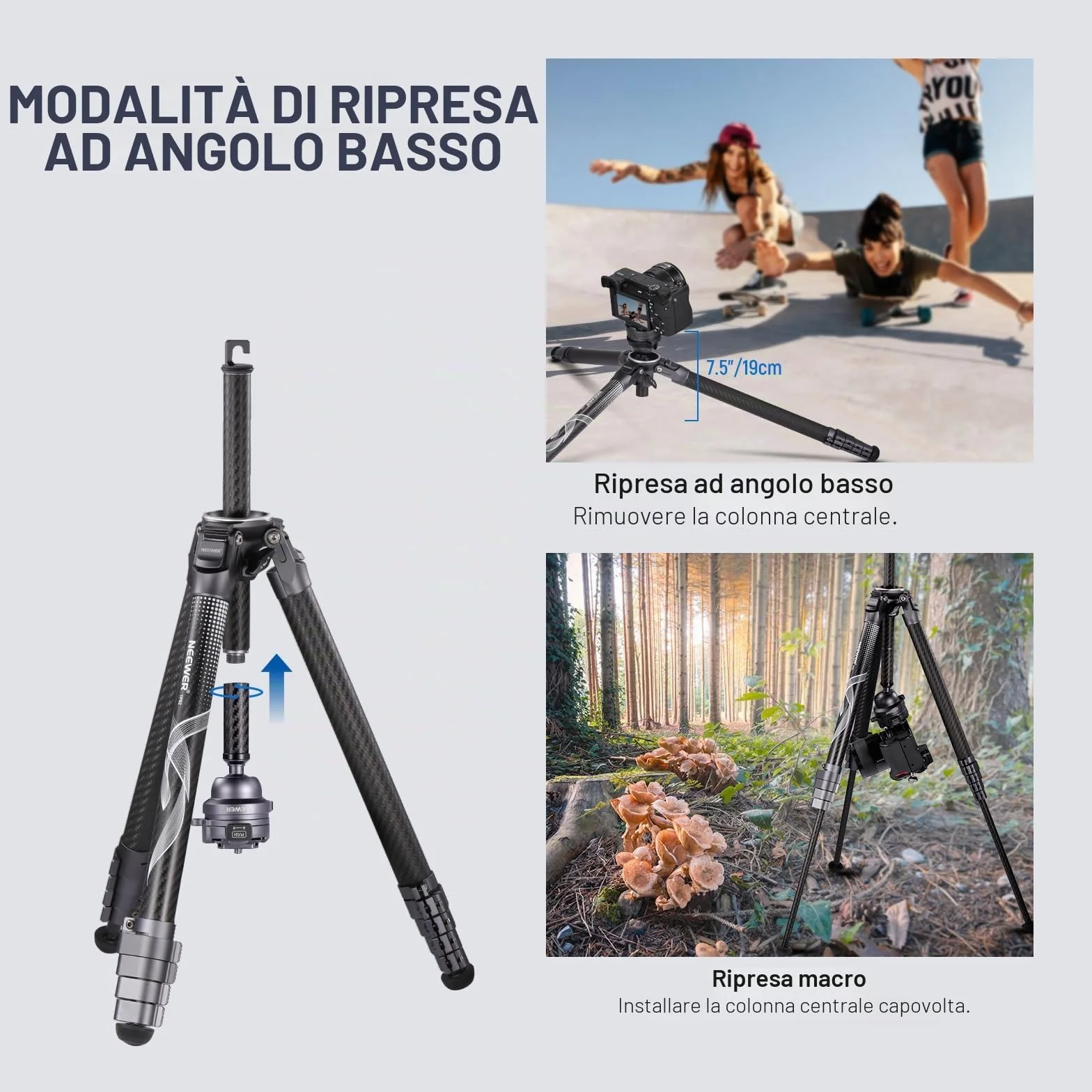 NEEWER Treppiede da Viaggio 62" Fibra di Carbonio con Livellamento ±15°Testa Pan 360°, Colonna Centrale Staccabile, Rilascio Rapido Arca Compatibile con Peak Design Piastra Treppiede Capture V3,TP62