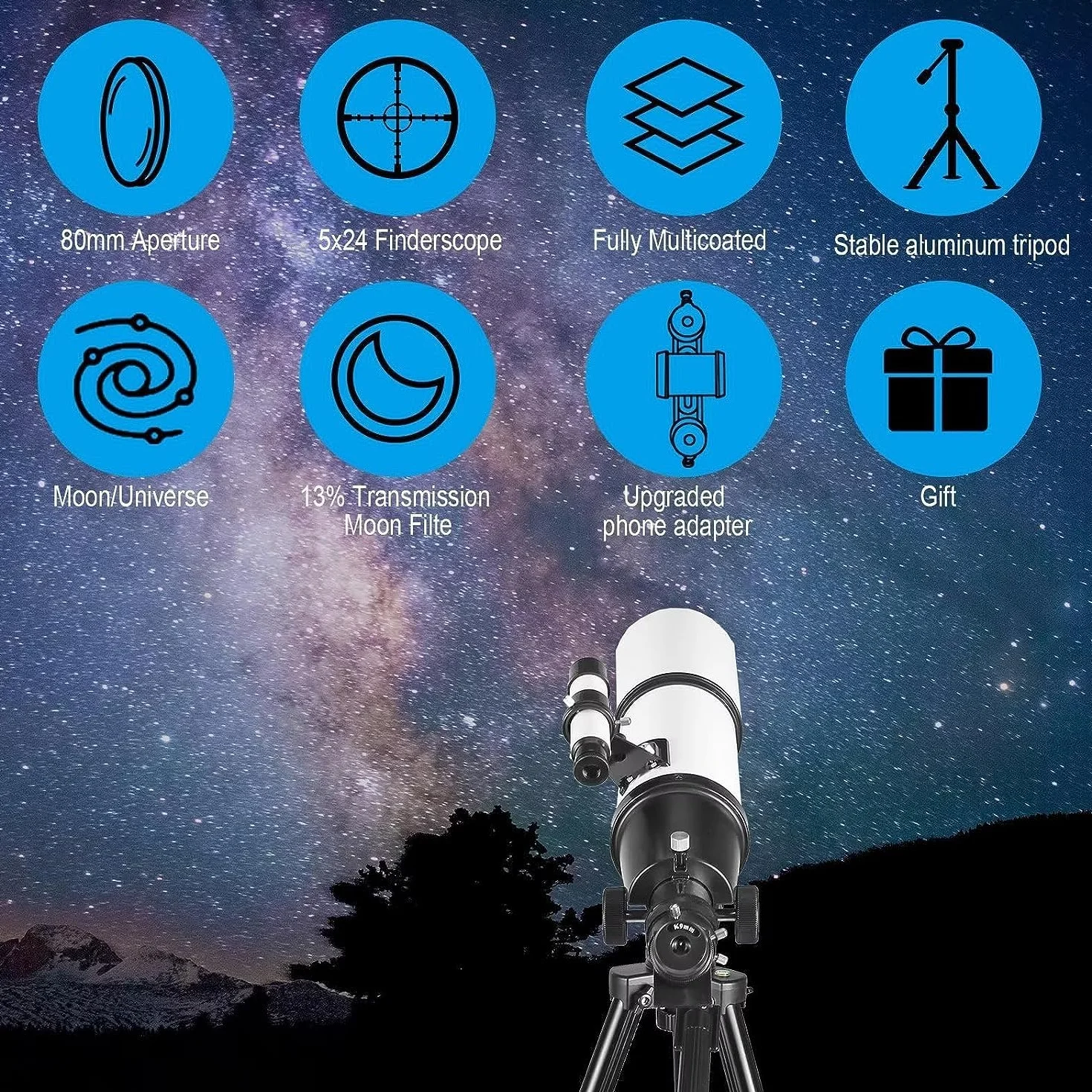 Celticbird Telescopio Telescopio astronomico di rifrazione per adulti e principianti - AZ Mount con zaino, filtro lunare 80560