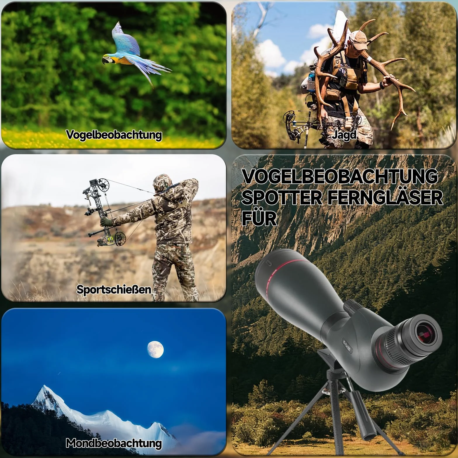 Cannocchiale da Osservazione 25-75x100 BAK4 FMC, Telescopio IPX7 Impermeabile Antiappannamento con Treppiede 360°, Adattatore Smartphone e Custodia per Birdwatching Caccia Astronomia