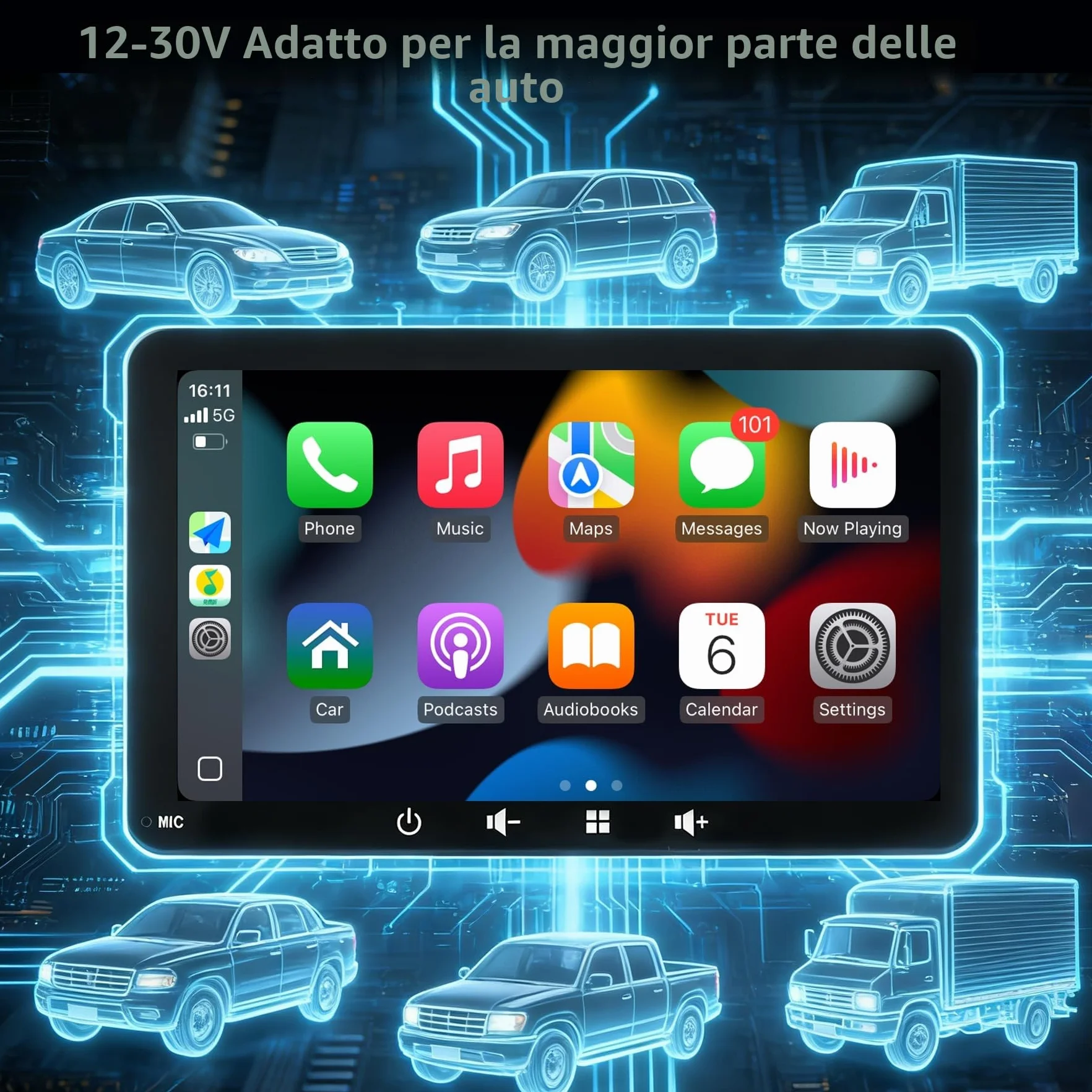 Schermo Auto 7" con Carplay Wireless e Android Auto - Display Portatile con Telecamera Posteriore | FM Trasmettitore, AUX, USB | Plug & Play per la maggior parte delle auto (7 pollici + fotocamera)