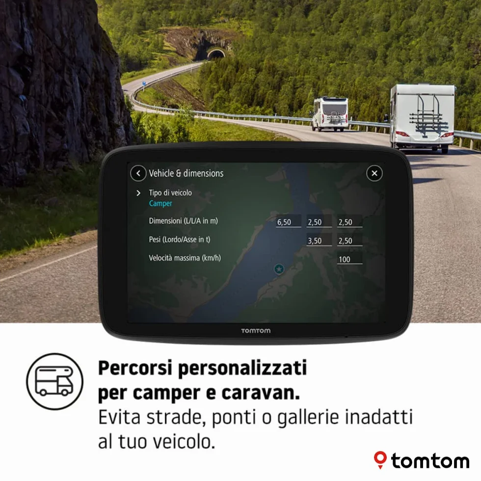 Navigatore satellitare per camper, caravan e roulotte GO Camper Max con schermo HD da 7", PDI per camper, caravan e roulotte, aggiornamenti Wi-Fi, TomTom Traffic, avvisi autovelox e mappe del mondo