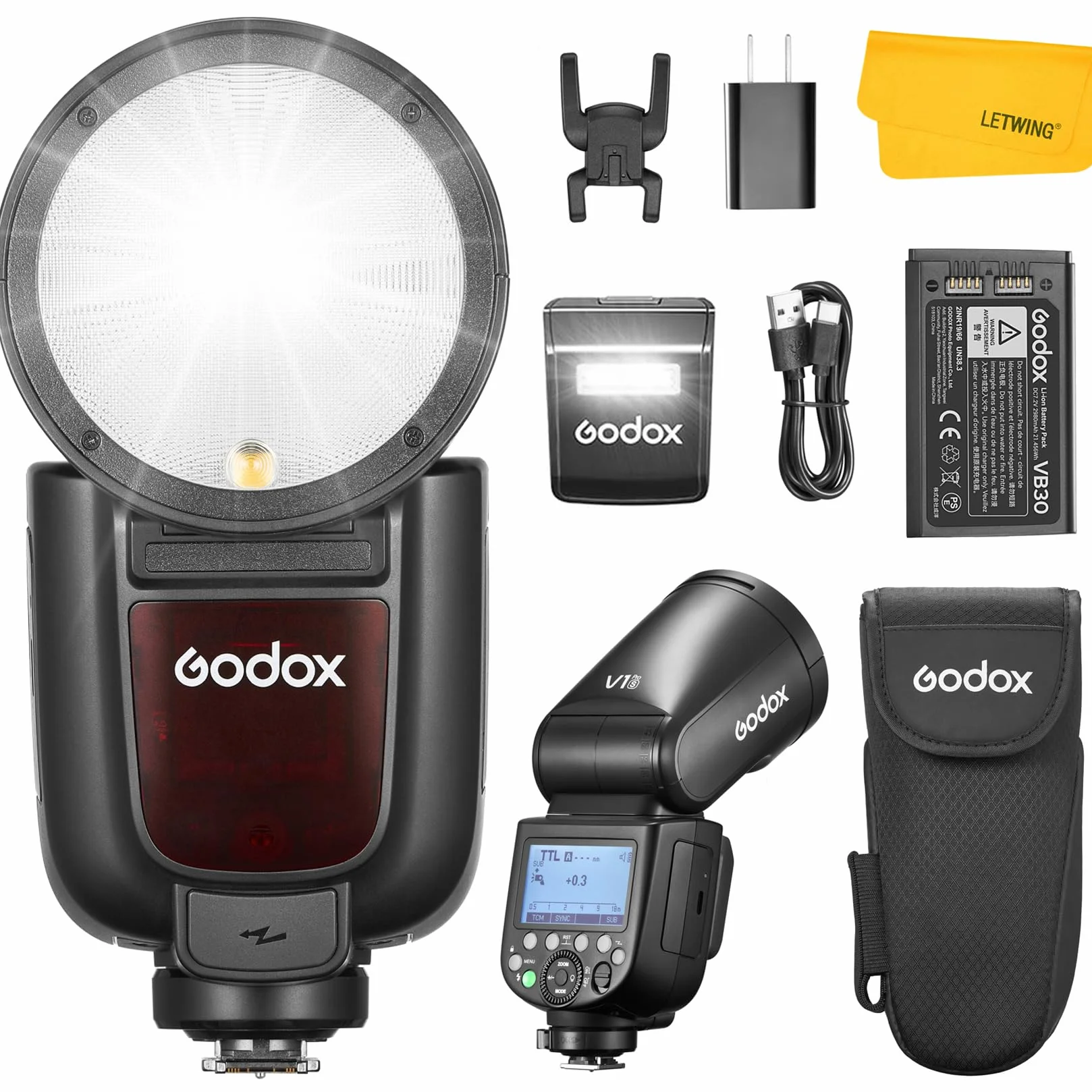 GODOX V1 Pro S V1Pro S Flash per Sony, Speedlite per fotocamera a testa rotonda stroboscopio TTL wireless 2.4G, HSS con batteria agli ioni di litio e Sub-flash Staccabile, Supporto Type-C