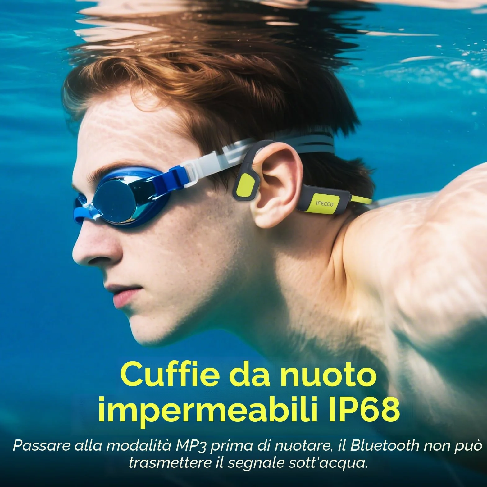 IFECCO Cuffie Conduzione Ossea Nuoto, IP68 Impermeabili Auricolari Piscina Nuoto Bluetooth 5.4, Cuffie Subacquee con Lettore MP3 da 32G, Wireless Auricolari per Nuoto, Surf, Corsa, Ciclismo