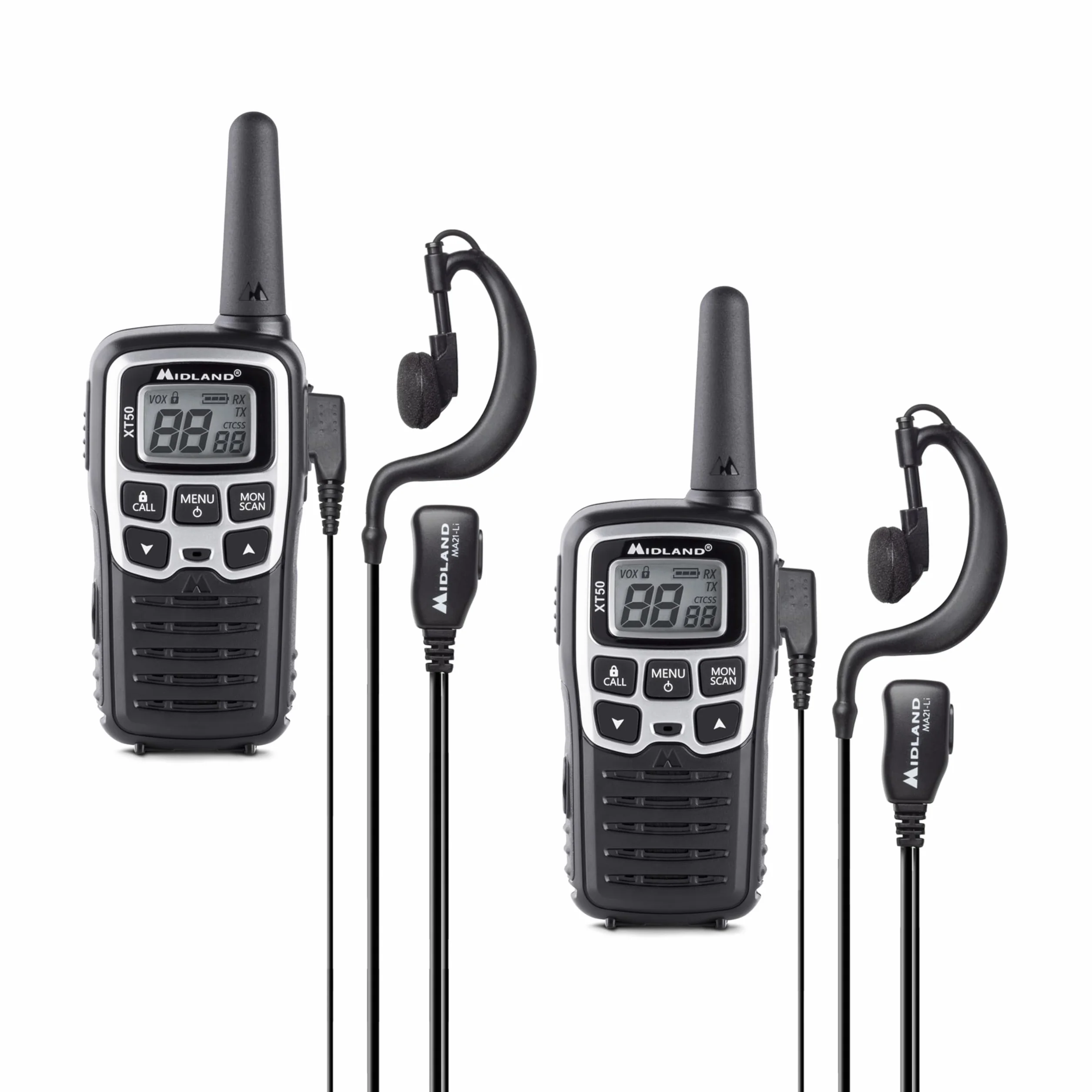 Midland - Walkie Talkie XT50, 2 Ricetrasmittenti Ideali per Outdoor e Cantieri, 24 Canali PMR446 Senza Licenza, 38 Toni CTCSS, Copertura 8Km, Ricarica Rapida, Autonomia 12H, Ricaricabile con USB