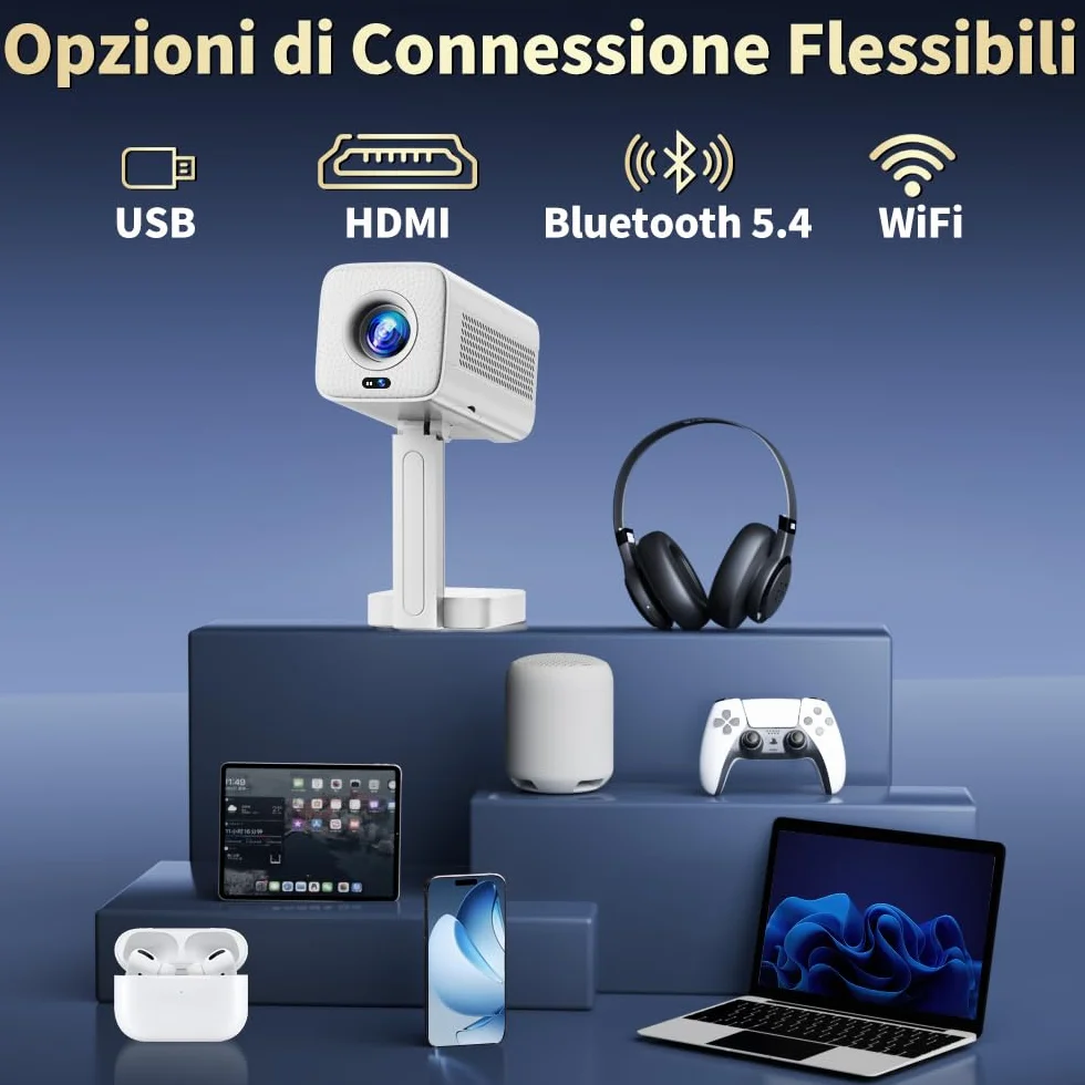 Mini Projector 4K【App integrata& Auto Focus Auto Keystone】Support 1080P, Mini Proiettore con WiFi 6 e Bluetooth 5.4 e Rotabile 90°, Portable Projector per Home Theater con HDMI/TV Stick/Laptop- Bianco