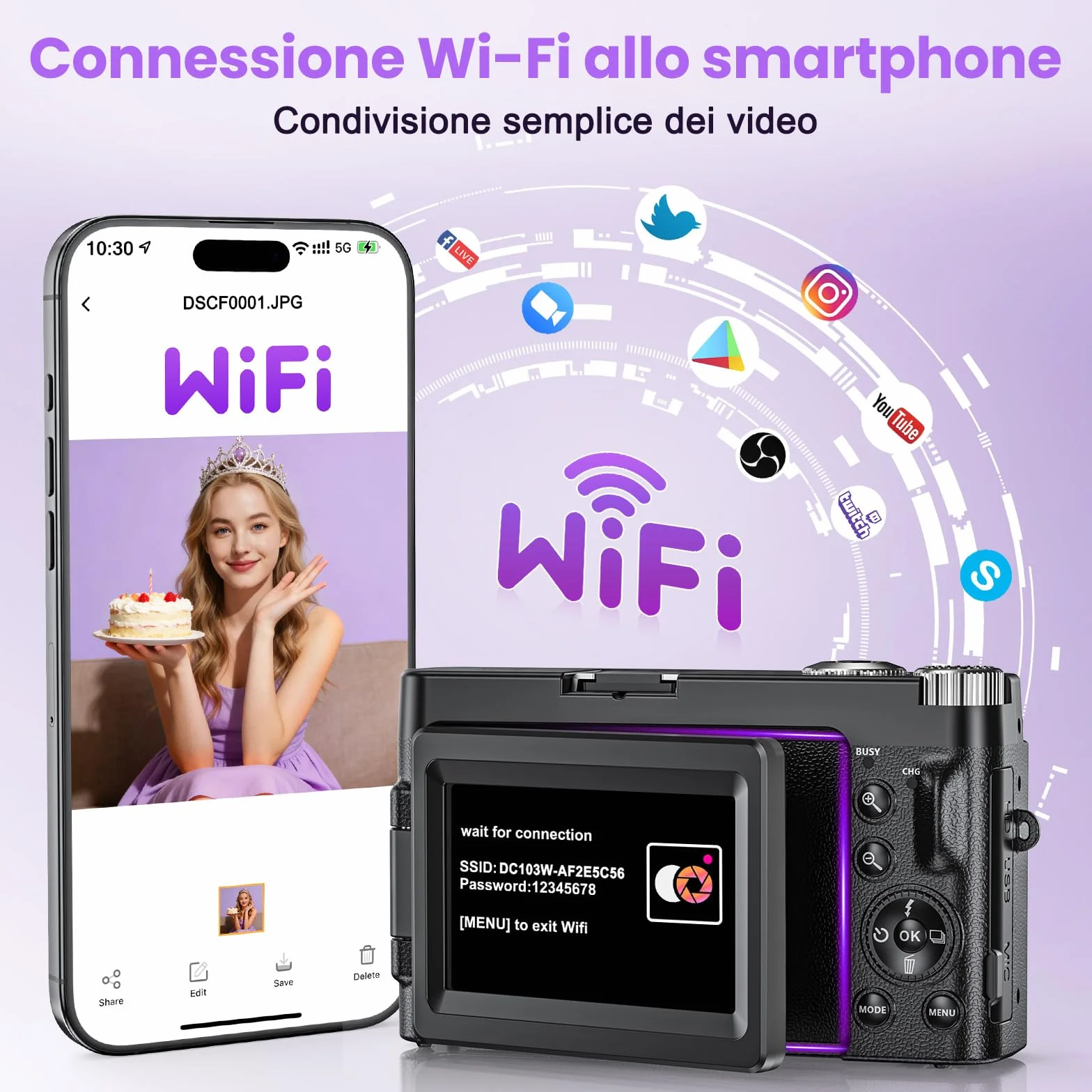 Fotocamera Digitale 4K 64MP WiFi Zoom 16X Schermo Girevole 180° Autofocus per Vlog e Selfie, Compatta con Scheda 32GB, 2 Batterie e Caricabatterie, Ideale per Principianti
