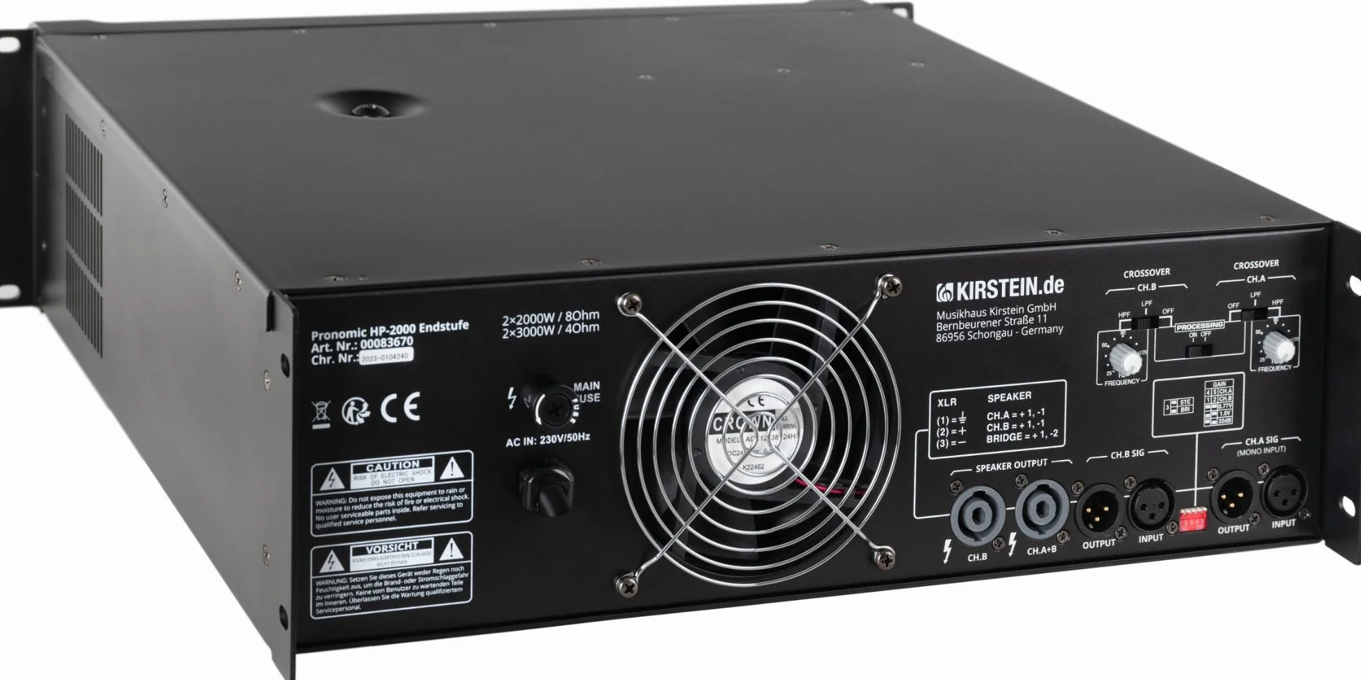 Pronomic HP-2000 Finale 2x 3000 Watt - Potenza in uscita (4 Ohm): 2x 3000 Watt - Filtri passa-alto/basso commutabili con frequenza crossover regolabile - Guadagno d'ingresso selezionabile - Nero