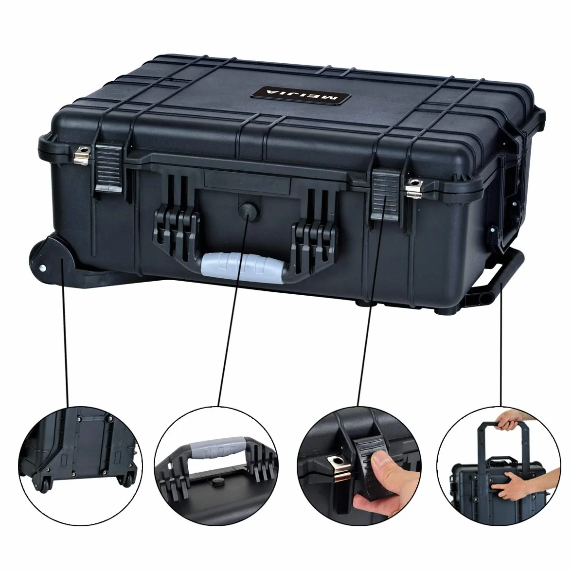 MEIJIA Custodia rigida impermeabile per tutte le stagioni con maniglia retrattile e ruote girevoli, inserto in schiuma personalizzabile, adatta per fotocamera, droni, attrezzature, elegante nero