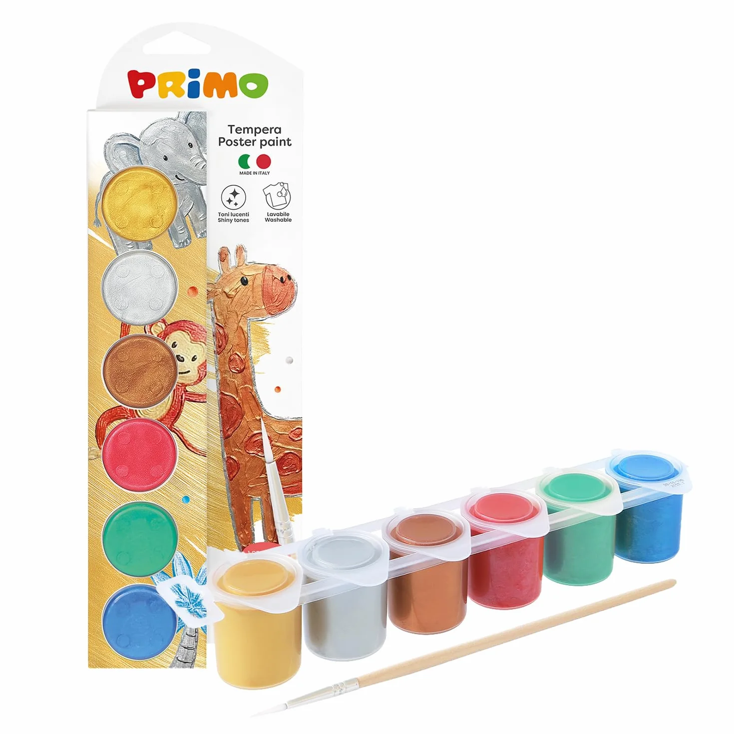 PRIMO - Tempere per Dipingere + 1 Pennello, Kit 6 Colori per Bambini 3+ Anni (25 ml) Cartoleria, Pittura, Lavoretti Creativi, Didattica - Tempera Coprente su Più Superfici, Colore Metal Miscelabile