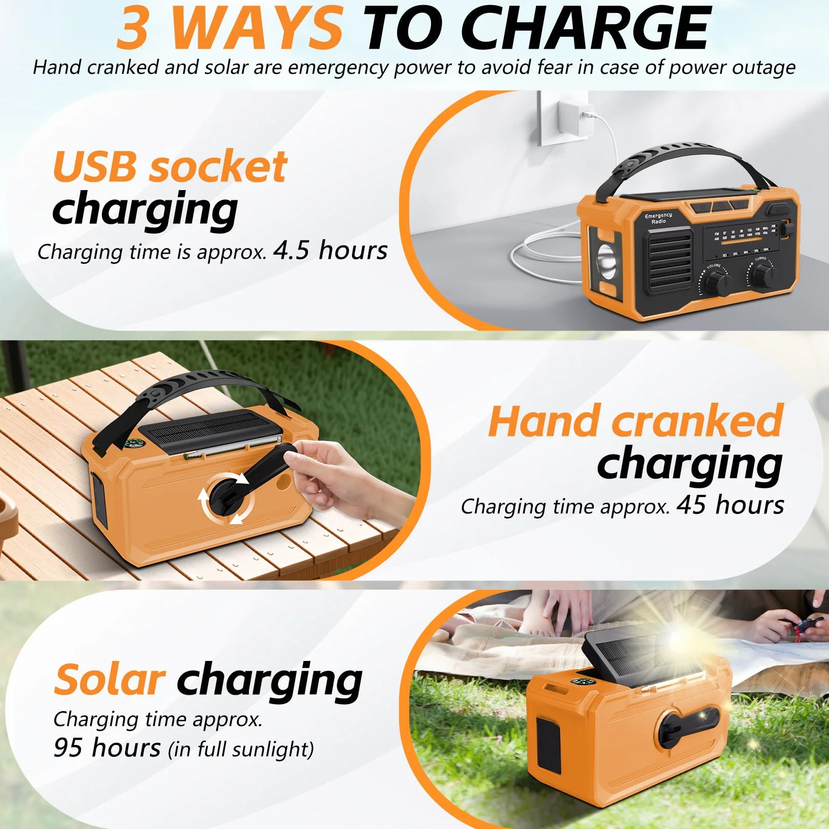 Radio a Manovella 27000mAh FM/AM Bluetooth 5.3 Solare Dinamo Allarme SOS Torcia Elettrica Arancione