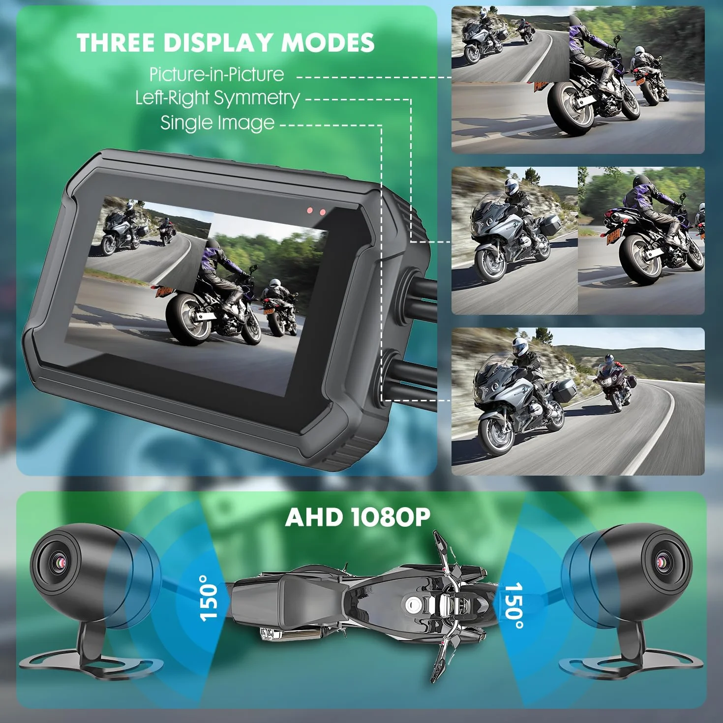 Dash Cam Moto, 1080P WDR Telecamera Anteriore e Posteriore, Dashcam Impermeabile con WiFi, GPS, Modalità Parcheggio, Telecomando Cablato, Schermo da 3", Scheda TF da 64 GB
