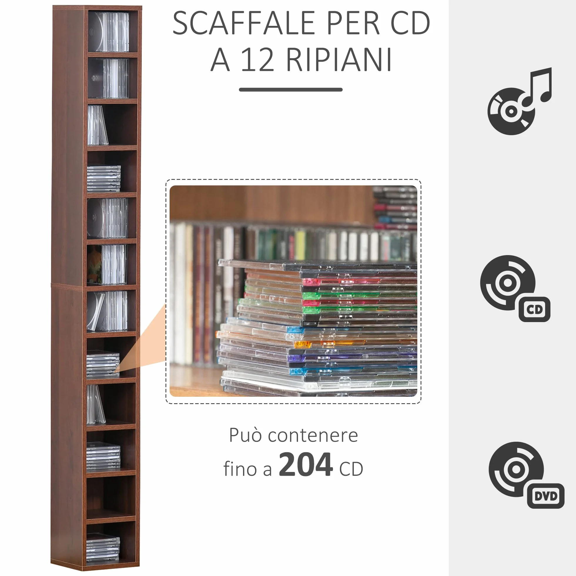 HOMCOM Mobiletto porta CD da Parete con Mensole semplice elegante funzionale in Legno mobile marrone 21 x 20 x 175cm