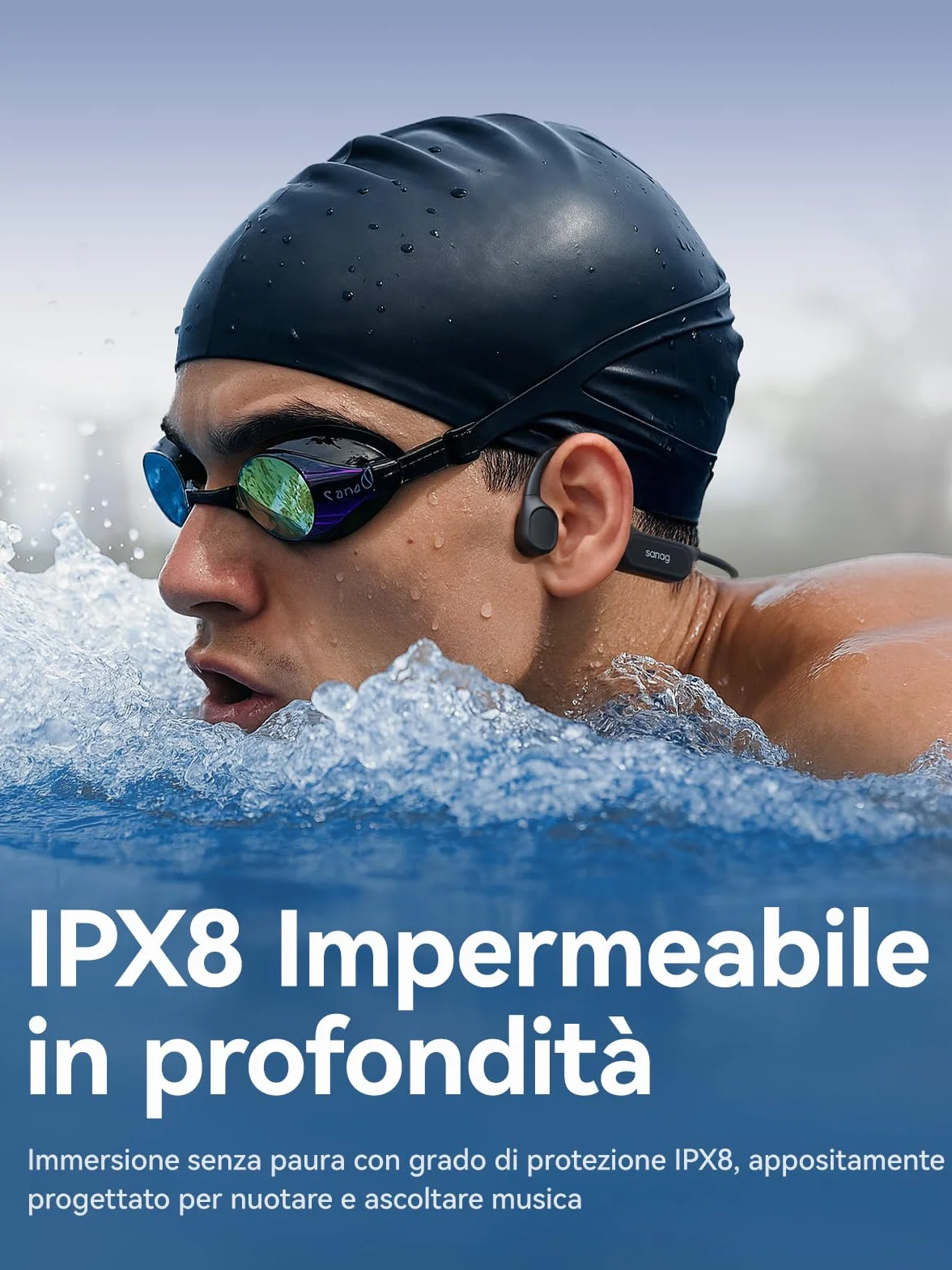 SANAG B33S Cuffie Conduzione Ossea Nuoto, Cuffie Subacquee per Piscina IPX8 Impermeabili con Wireless Bluetooth, Microfono, Lettore MP3 da 32G, 8 Ore di Riproduzione, Auricolari Nuoto Musica, Nero
