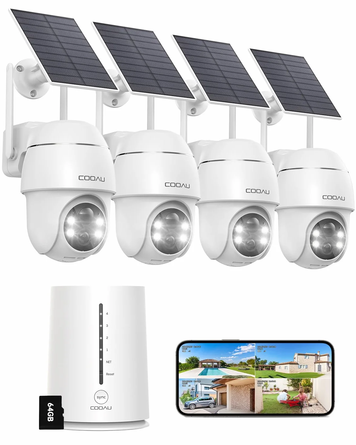 COOAU 4MP Telecamera Wi-Fi Esterno Senza Fili,Kit 4 Cam e Oannello Solare,Sistema di Sicurezza Domestica,360°,Visione Notturna a Colori,Rilevamento di Movimento,Nessun Canone Mensile,IP66,64GB Card